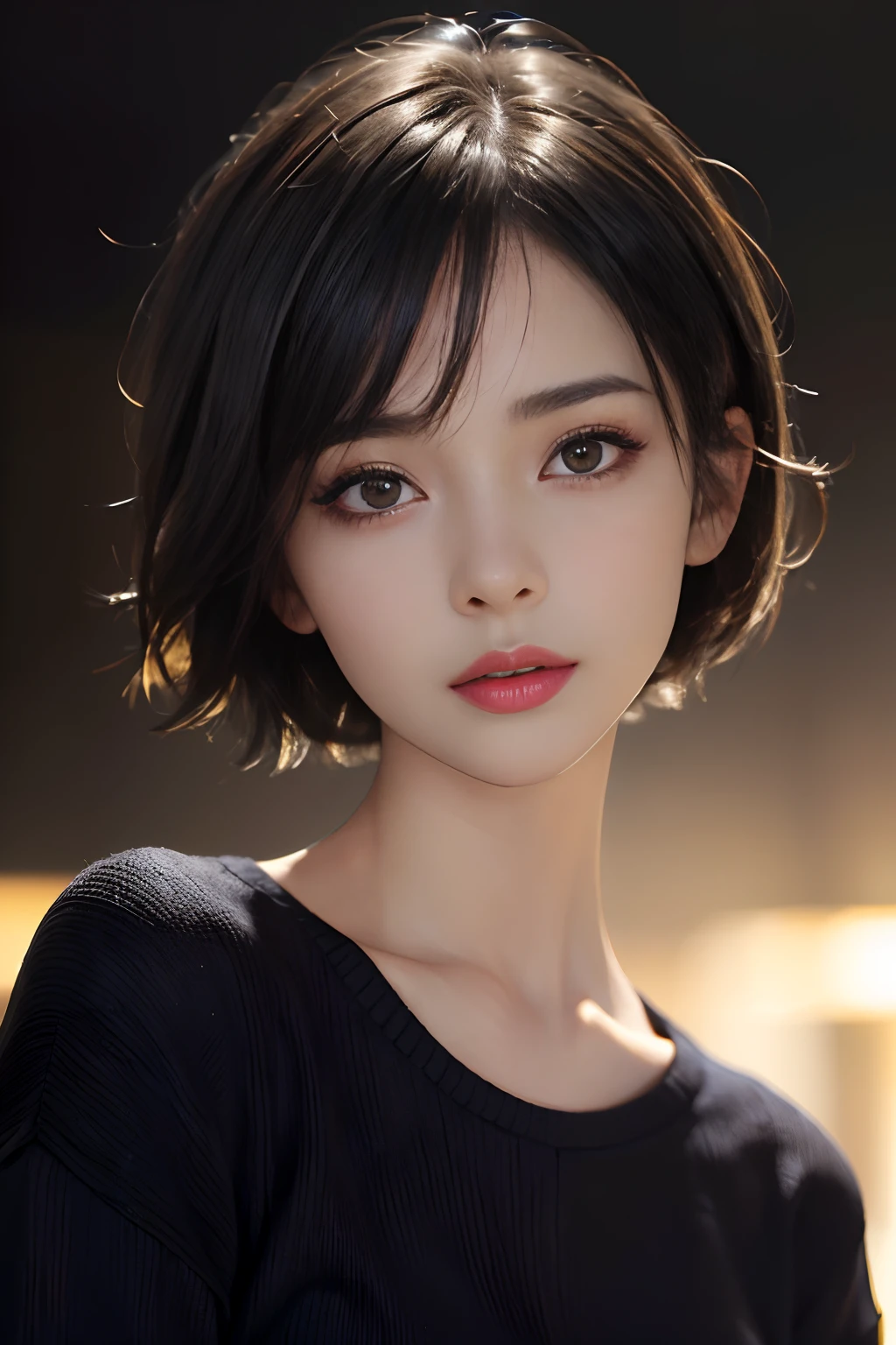 (masterpiece:1.3), (8k, photorealistic, RAW photo, best quality: 1.4), (1girl), beautiful face, (realistic face), (black hair, short hair:1.3), beautiful hairstyle, realistic eyes, beautiful detailed eyes, (realistic skin), beautiful skin, (sweater), absurdres, attractive, ultra high res, ultra realistic, highly detailed, golden ratio