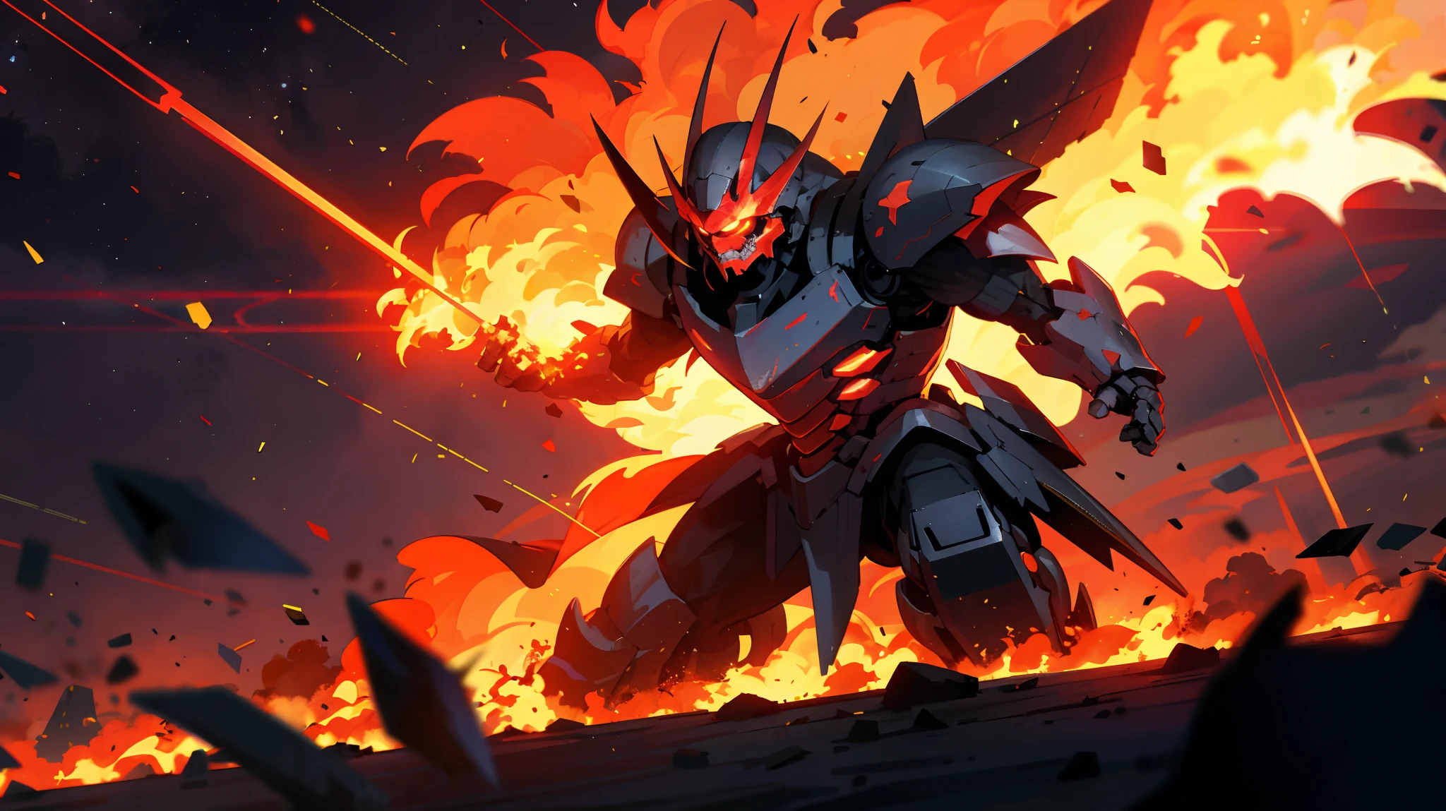 A war of armored Cores in a flaming city, red cosmic sky on fire