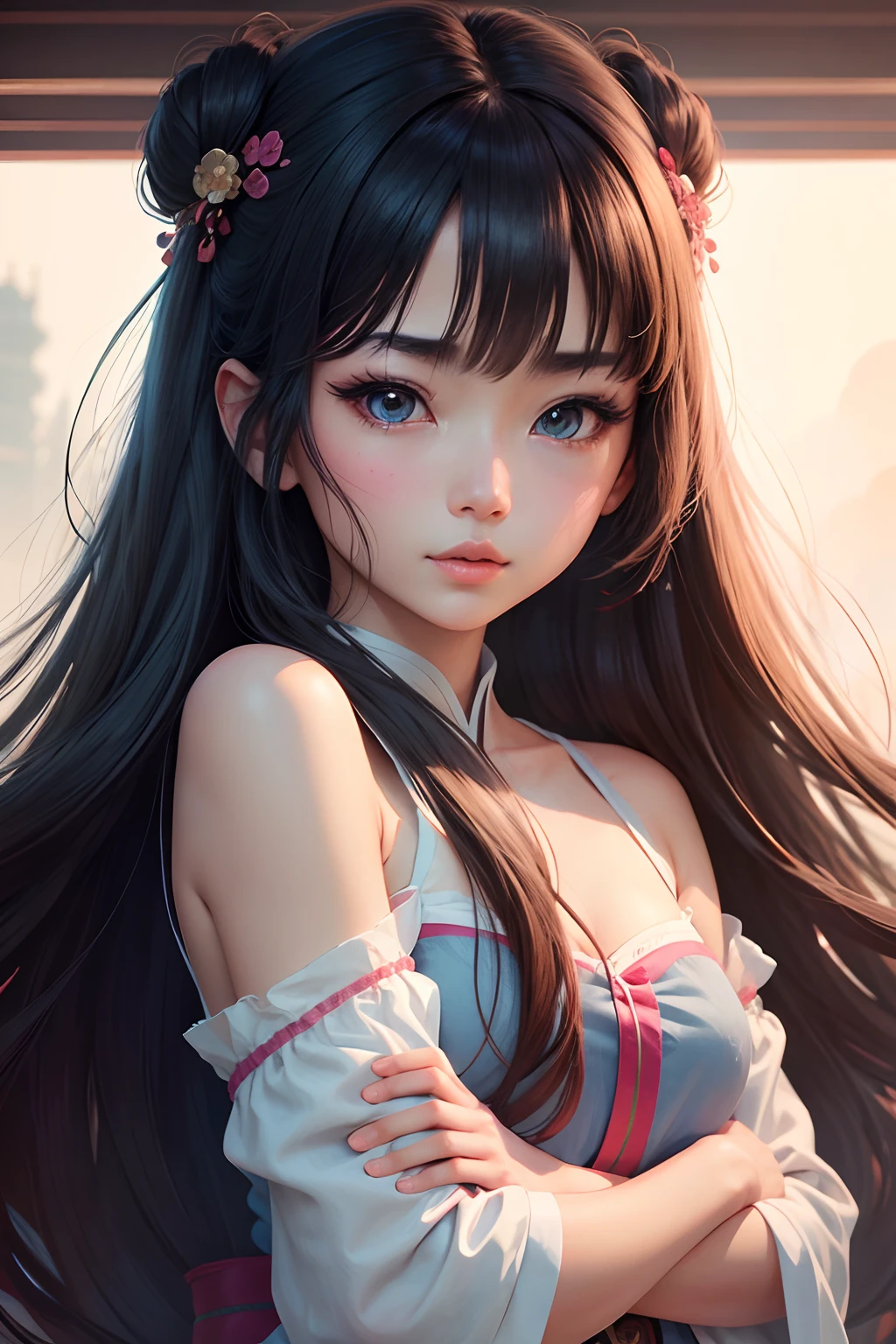 High definition, Anime, polish, soft, sweet looking, colourful, 1girl, Modern Girl, Mulan, Long Wavy Hair, Upper Body, Fairytale, Beautiful eye, petite face, Asian Style, exquisite Face, Big eye