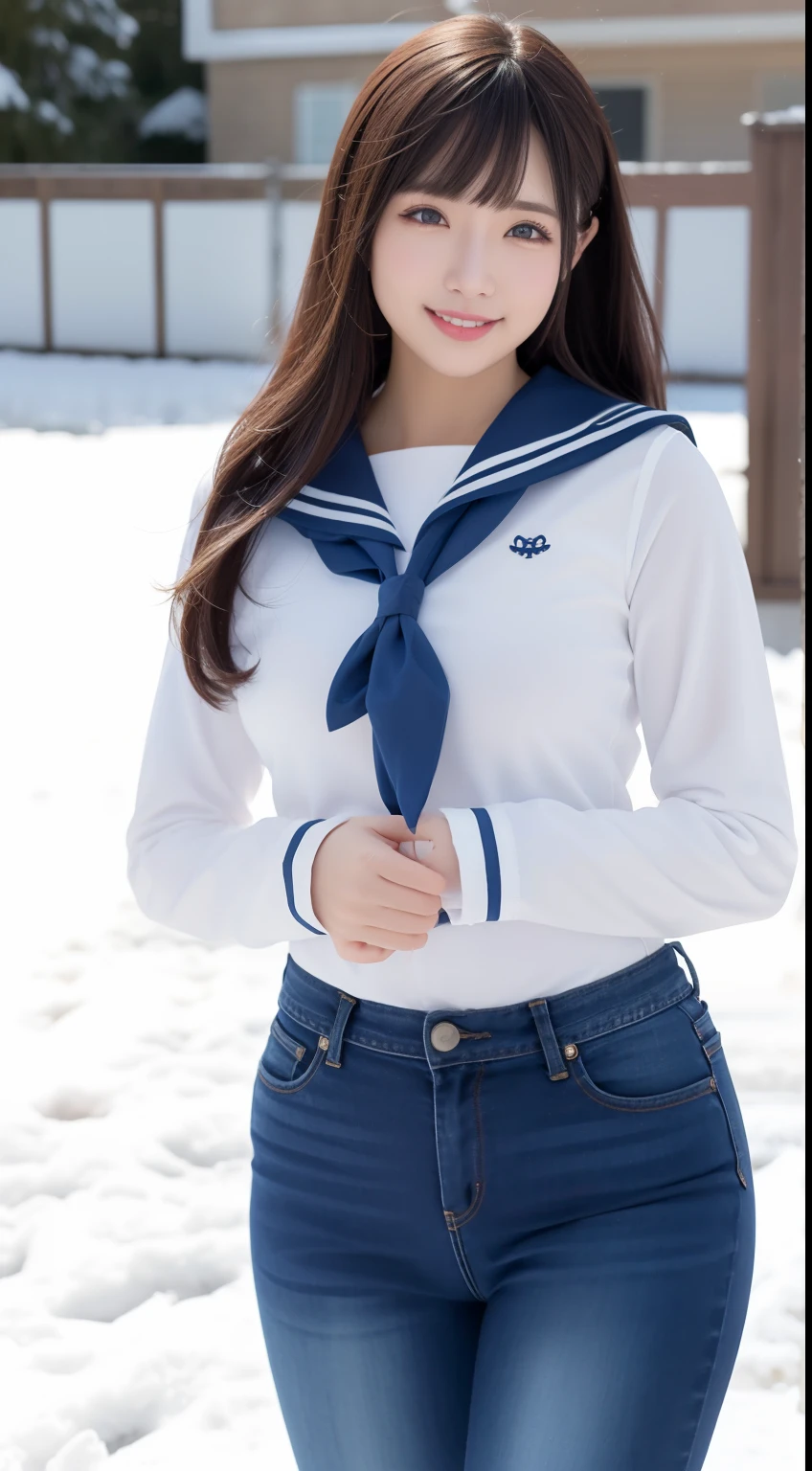 a pregirl,, ssmile, looking at viewert, sailor uniformm,skintight jeans, photore, realisticlying, Best quality at best, employee, 详细的脸, standing in the snow, diffuselighting, depth of fields, Background bokeh
