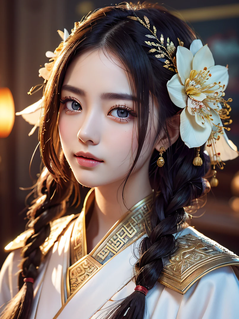 Chinese portrait、 bustshot、White background、 Original、Top image quality、​masterpiece、Ultra Detailed CG、colourfull、Ink splashes、color splashes、watercolor paiting、Clear Sharp Focus、1girl in、Back Hair Up Style、Chinese style、flowers background、plein air、boulders、watching at viewers、happy facial expression、Soft smile、pure、Beautiful face and eyes、Beautiful and intricate clothing decoration patterns、A dark-haired、Black eyes、colorwater、detailed face depiction、Detailed hand depiction