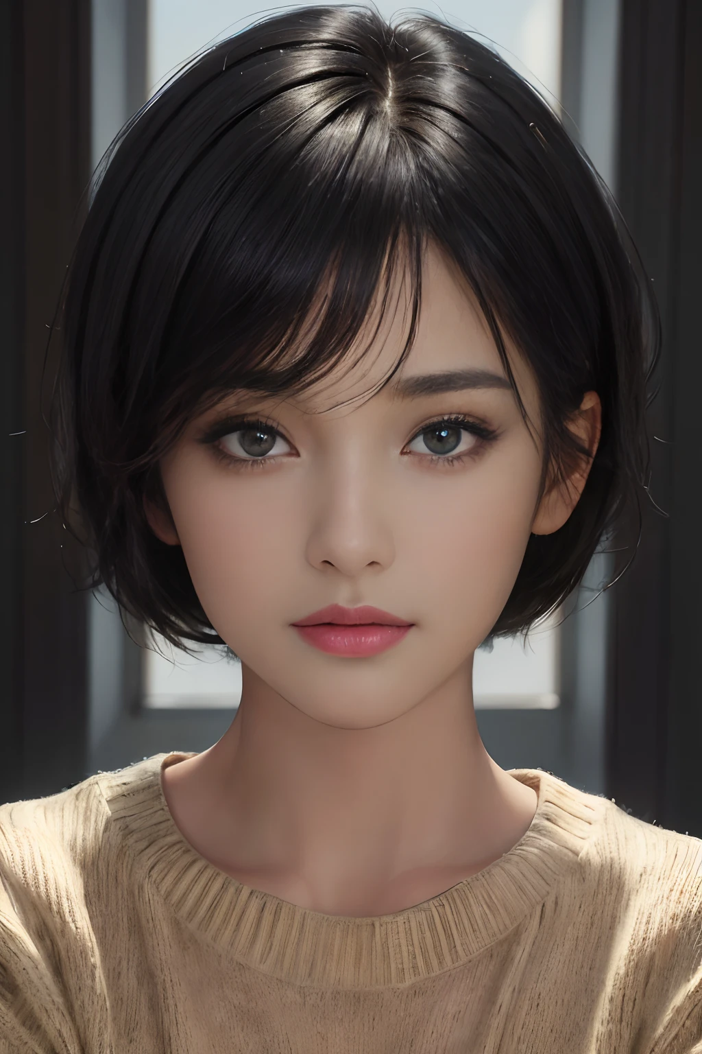 (masterpiece:1.3), (8k, photorealistic, RAW photo, best quality: 1.4), (1girl), beautiful face, (realistic face), (black hair, short hair:1.3), beautiful hairstyle, realistic eyes, beautiful detailed eyes, (realistic skin), beautiful skin, (sweater), absurdres, attractive, ultra high res, ultra realistic, highly detailed, golden ratio