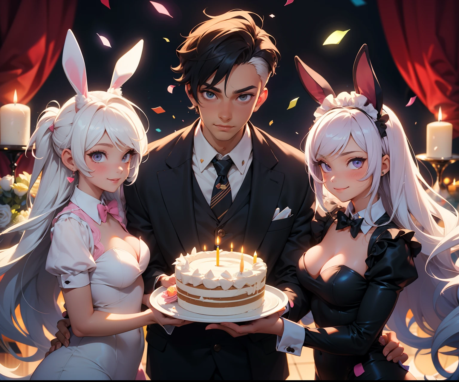 (((boy on the Left|Middle 2girl|boy on Right))), dos personas muy cerca del uno como del otro, el chico (30 yrs old) con cabello corto cafe y con ojos cafe claro con un rostros muy detallado y hermoso, with a young girl (30 yrs old) with long hair and pink cat ear in a very romantic place with low lights and some candles and various gifts around her and a big birthday cake, 1chico (35 year old) al otro extremo de cabello medio largo oscuro con un traje muy elegante mientras aplaude, lots of confetti falling while everyone smiles, a 1girl (28 year old) with white hair and a pair of black playboy bunny ears with a big smile and a maid outfit