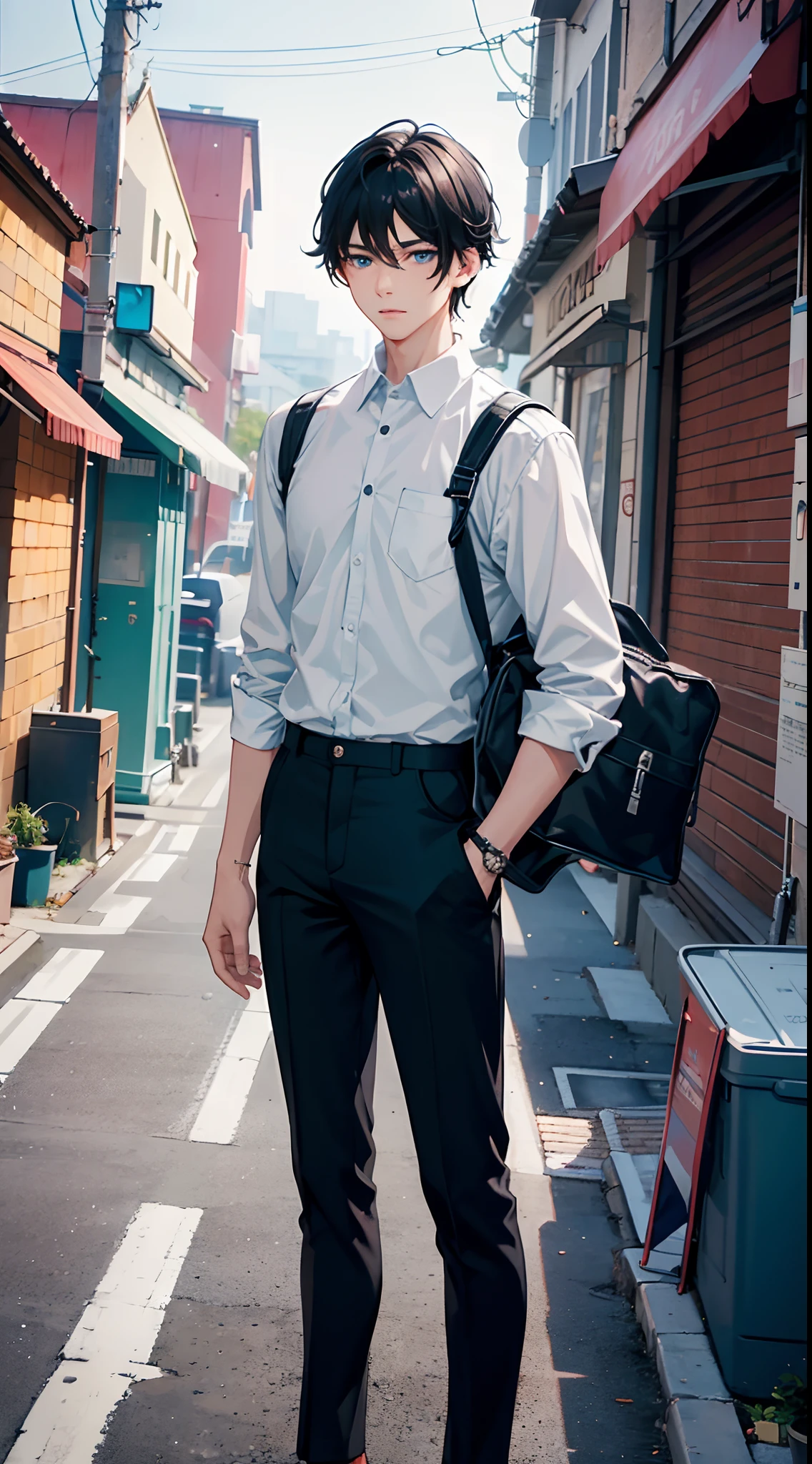 1 boy 19 years old, black hair, blue eyes, beautiful eyes, wearing white school shirt, wearing black khaki pants, carrying a black student backpack on your shoulder, has buttons, neat clothes, tuck in shirt, walking, full body, full character, from the front, late afternoon, school gate, there are a lot of people of the road, outside campus, extremely detailed, best graphics, 8k, ultrasharp, masterpiece