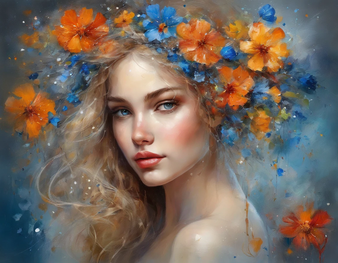 cute girl , “high quality, 8K Ultra HD, high detailed, oil on canvas , wash technique, colorful, A painting with dripping and scattered paint, Painting like Agnes Cecile, blurry, pale touch, smudged outline, like a fairy tale, Beautiful blonde girl, blue eyes,mesmerizing ,made with flowers colorage, glitter,expressing women using flowers and plants, cutting and combining petals and gold leaves, drawing women's hair and dresses using the colors and shapes of flowers, vivid colors and nature, luminism, three dimensional effect, enhanced beauty, Albert Anker, Feeling like John Howe, Greg Rutkowski, Feeling like Kyoto Animation,Josephine wall Pinterest , WLOP, Alphonse Beeple, luminism, Isometric, awesome full color,masterpiece