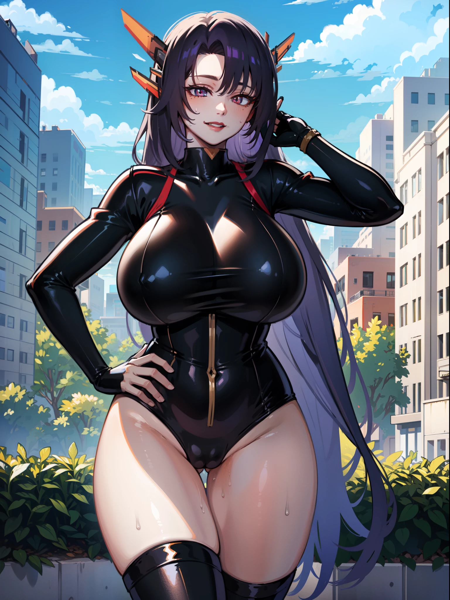 masterpiece, high quality, extremely detailed, 1girl, milf, solo, black wyrm, gigantic breasts, slit pupils, purple lips, outfit-gh2, elbow gloves, thighhighs, light smile, hand on own hip, sweaty, cityscape, blue sky