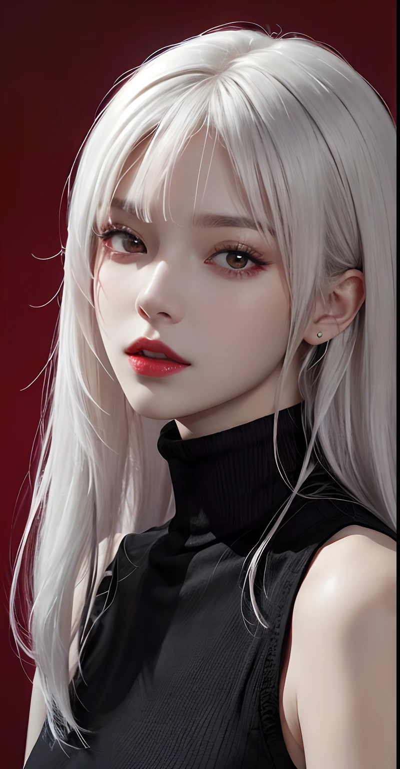 (8k, best quality, masterpiece: 1.2), (realistic, photorealistic photorealistic: 1.37), best quality, masterpiece, unity, an extremely delicate beautiful, extremely detailed, amazing, fine detail, masterpiece, best quality, official art, absurd, incredibly absurd, super detailed, high resolution, very detailed, beautiful detailed girl, extremely detailed eyes and face, beautiful detail eyes, light on face, white hair, Kpop idol, ulzzang-6500, A female , she/her, pale skin, with long silky white straight hair with straight bangs covering my eyebrows, red eyes, very sexy, wearing a knitted, ((deep red turtleneck with a long black stockings and black boots)), red background, wallpaper, highest resolution, magical, roses,