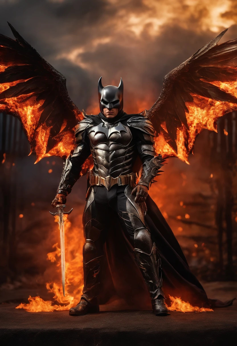 Ultra-realistic devil: A silver and black armor batman angel with wings spread with a fiery sword in his hand, fire in the background