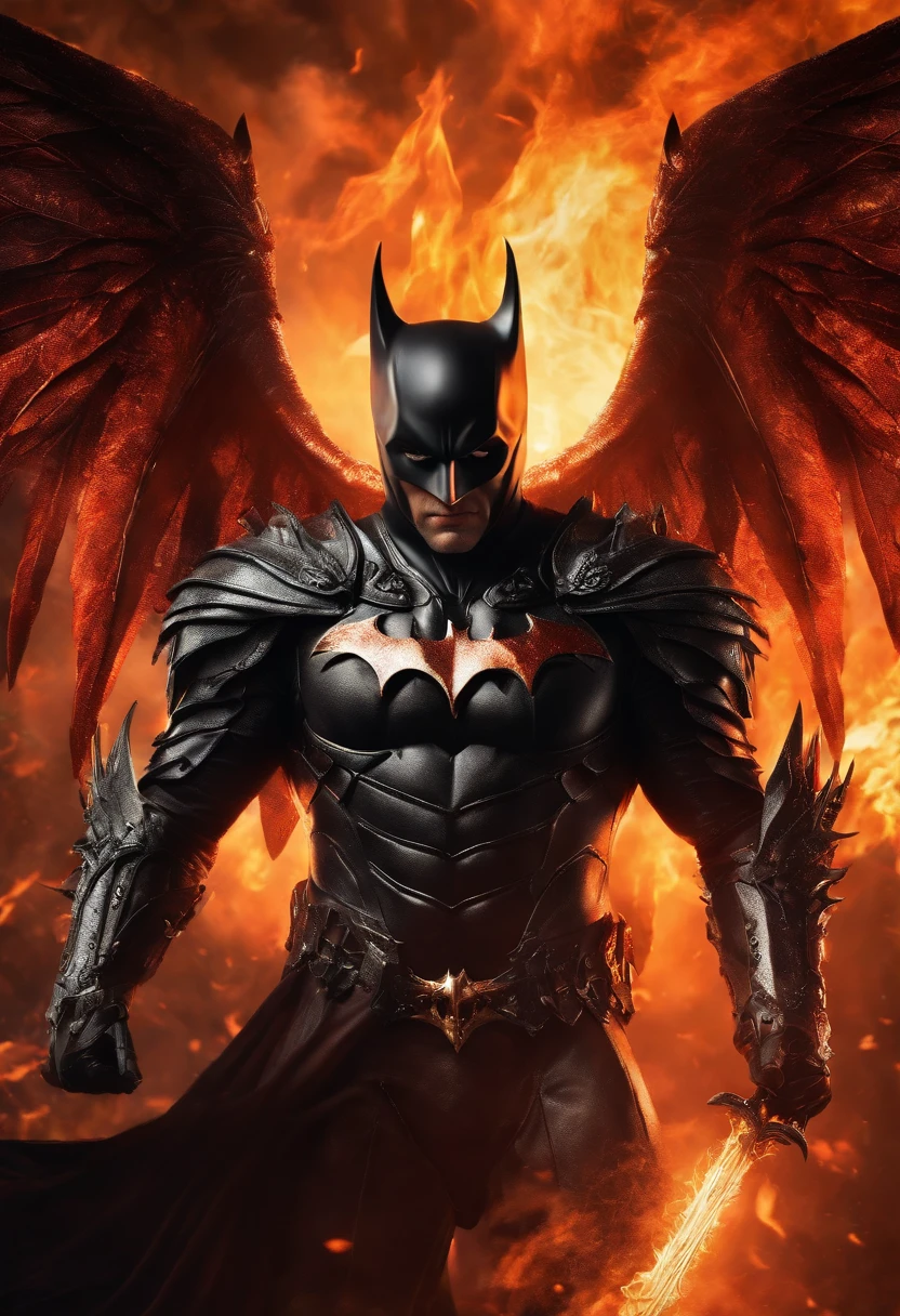 Ultra-realistic devil: A silver and black armor  batman angel with wings spread with a fiery sword in his hand, fire in the background