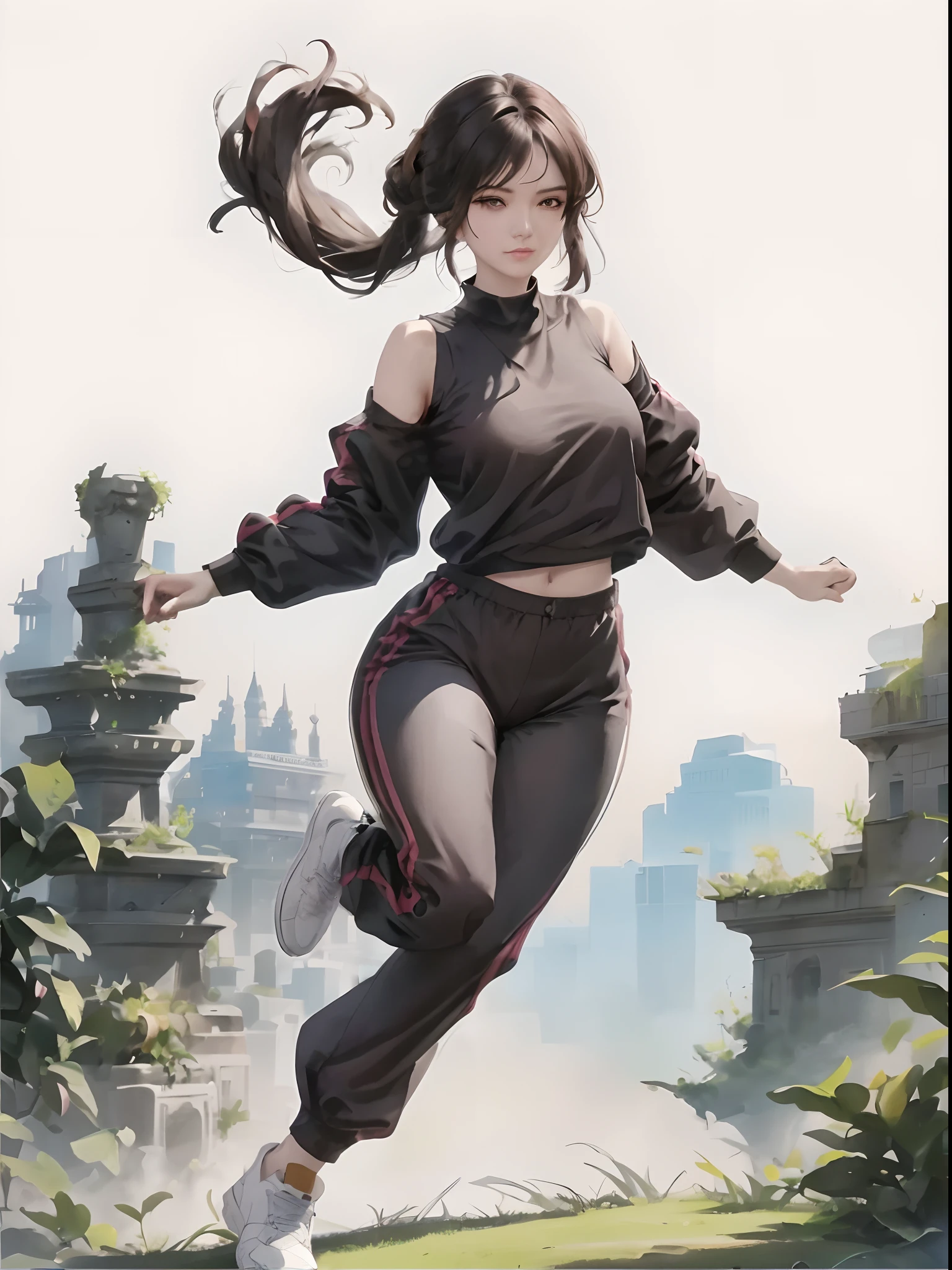 A woman in a black top and pants runs through the park, Style Artgerm, art-style, in the style artgerm, Extremely detailed Artgerm, Artistic germ style, IG model | Art germ, trending artgerm, Guviz-style artwork, Artgerm and Ruan Jia