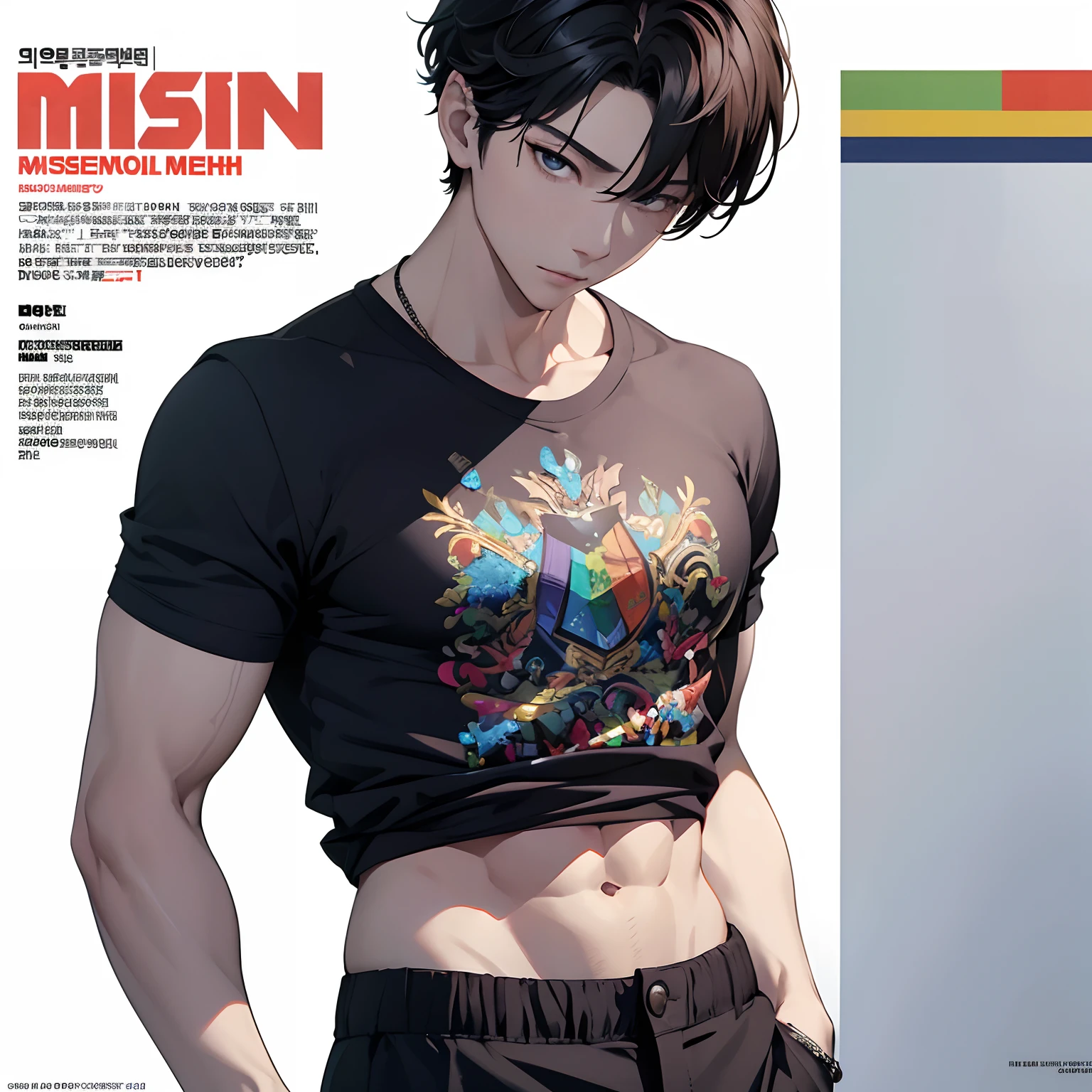 masterpiece, top quality, intricate detail, magazine front page, Korean men's health magazine, Magazine's Title with rainbow color font, a young handsome boy with short pants, T shirt, tall muscle, ((abs)), Kpop idol, looking at camera, beautiful face, white background, fashion model, Kpop boy's group member, fashionable damage short pants, solo