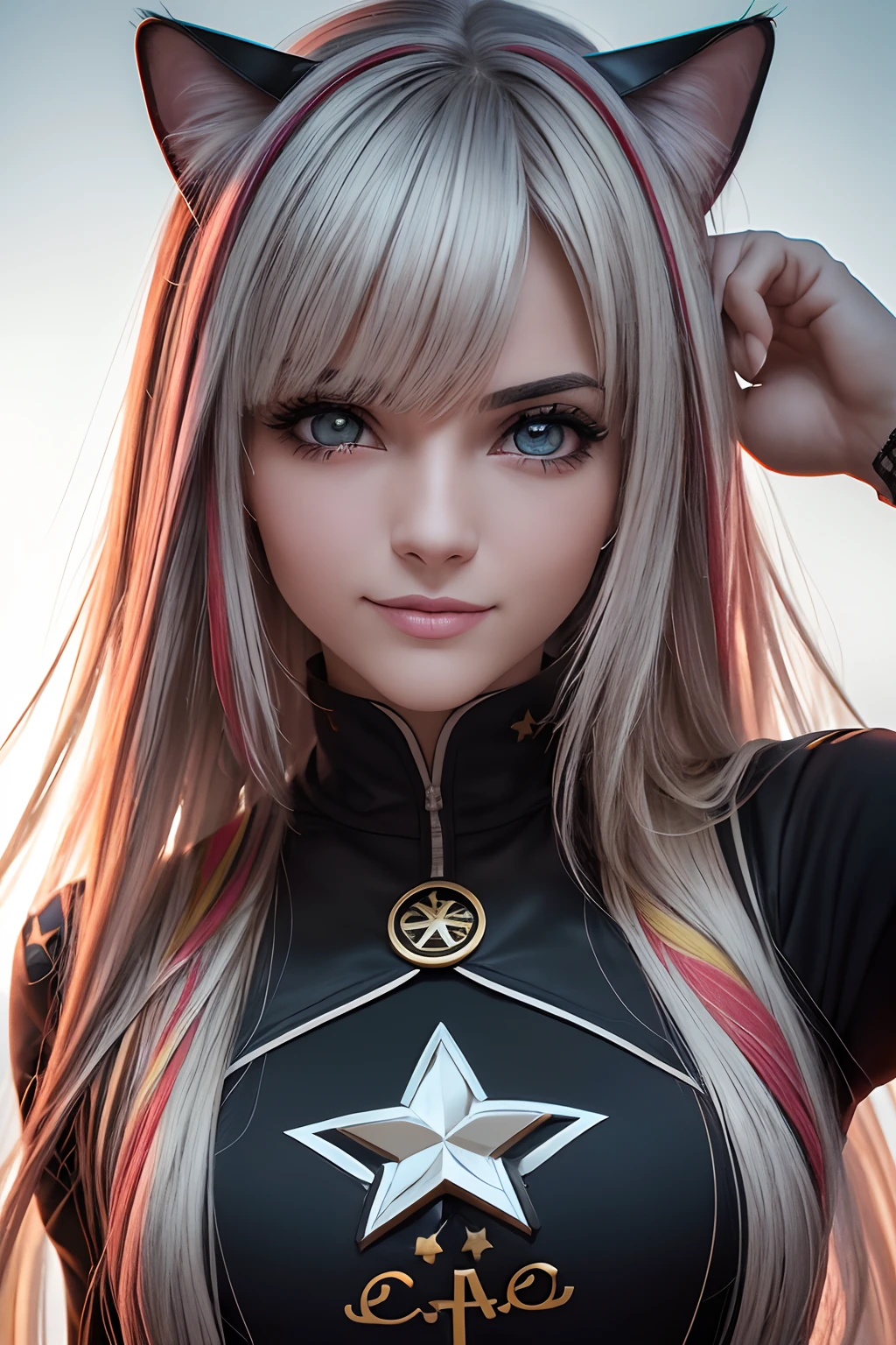 (master part, best quality), ((1girl, (Mature female) cabelos longos), (pupilas em forma de estrela, +_+, symbol-shaped pupils, olhos brilhantes), (orelhas de gato, boca aberta)), (Olhando para o Viewer, Sorriso leve, fora do ombro), (abstrair, fundo multicolorido, Resumo Antecedentes, chromatic aberration), Vampiro, sangue no rosto, sangue nas roupas, Asas de morcego