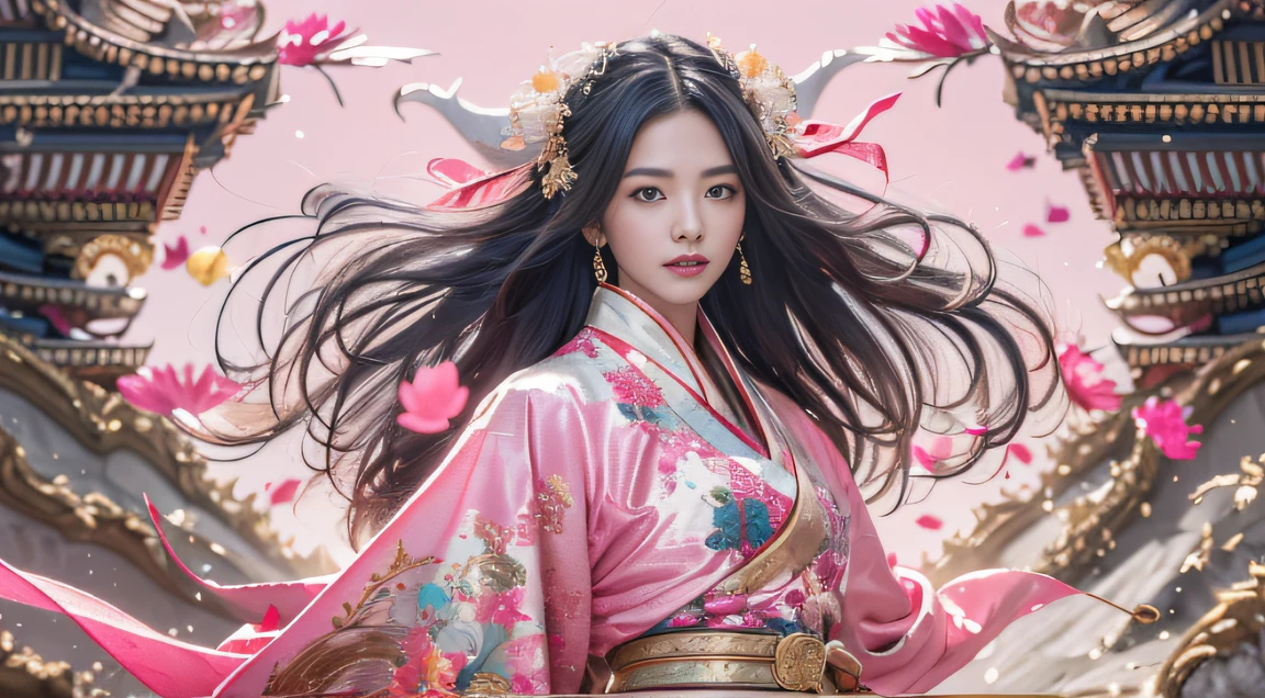 32K(tmasterpiece,k hd,hyper HD,32K)Long flowing black hair,ponds,zydink, a color, Hold the knife in both hands (Slightly drunk girls), (Rouge scarf), Combat posture, looking at the ground, long whitr hair, Floating hair, Carp pattern headdress, Chinese long-sleeved taupe pink outfit, (Abstract gouache splash:1.2), Pink petal background,Pink and white lotus flowers fly(realisticlying:1.4),Black color hair,Fallen leaves flutter,The background is pure,Hold the knife in both hands , A high resolution, the detail, RAW photogr, Sharp Re, Nikon D850 Film Stock Photo by Jefferies Lee 4 Kodak Portra 400 Camera F1.6 shots, Rich colors, ultra-realistic vivid textures, Dramatic lighting, Unreal Engine Art Station Trend, cinestir 800,Long flowing black hair,Silk clothes