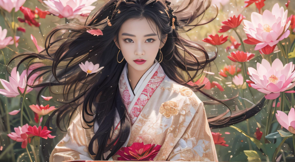 32K(tmasterpiece,k hd,hyper HD,32K)Long flowing black hair,ponds,zydink, a color, Hold the knife in both hands (Slightly drunk girls), (Rouge scarf), Combat posture, looking at the ground, long whitr hair, Floating hair, Carp pattern headdress, Chinese long-sleeved taupe pink outfit, (Abstract gouache splash:1.2), Pink petal background,Pink and white lotus flowers fly(realisticlying:1.4),Black color hair,Fallen leaves flutter,The background is pure,Hold the knife in both hands , A high resolution, the detail, RAW photogr, Sharp Re, Nikon D850 Film Stock Photo by Jefferies Lee 4 Kodak Portra 400 Camera F1.6 shots, Rich colors, ultra-realistic vivid textures, Dramatic lighting, Unreal Engine Art Station Trend, cinestir 800,Long flowing black hair,Silk clothes