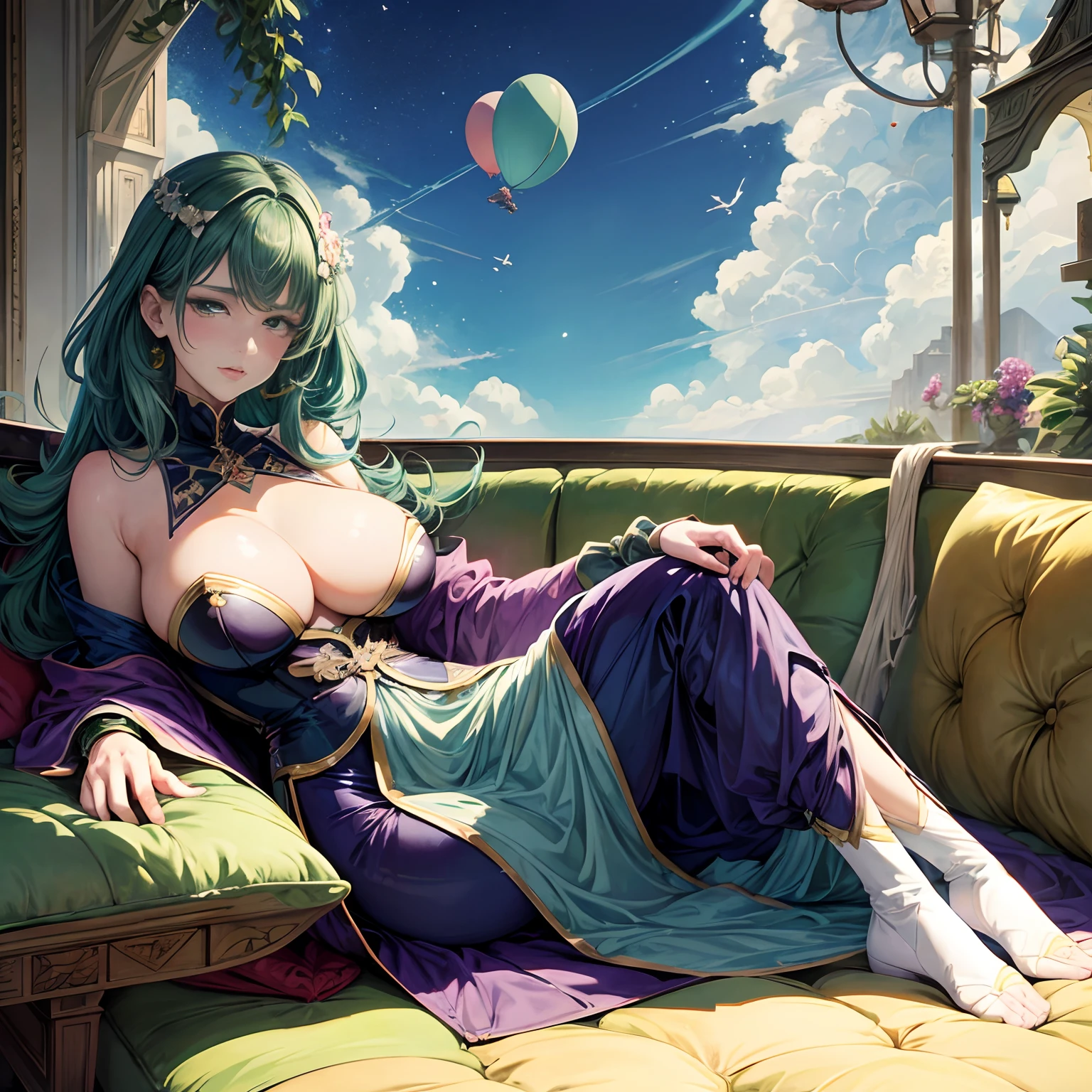 George Barbier, Kate Greenaway, Masamune Shirow, Alphonse Mucha, Mabel Attwell, Japanese anime, mysterious strange fantastic sci-fi fantasy, beautiful girl Alice, perfect body, giant domino toppling, balloon, car, sofa, laying on sofa beckoning, detailed high resolution high definition high quality masterpiece,