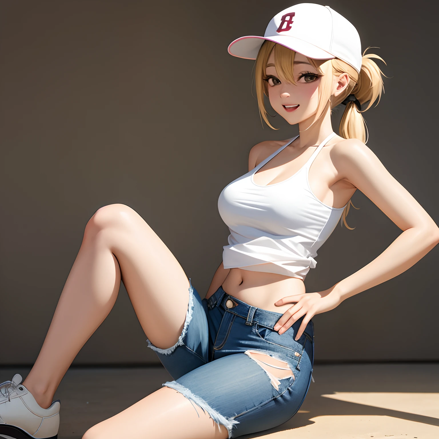 Dynamic_Pose, 1girl in, old, Older_Woman, with round face, bangss, Bare_shoulders, verd s eyes, Baseball_Cap, Blonde_hair, poneyTail, Athletic, A fitted, Medium_breasts, 鎖骨, 耳Nipple Ring, Open_Mouth, full_Body, (halter_Top, halterneck, The shirt)), Hats, highleg, highleg_Panties, JINS, jewely, Loleg, low-leg_Pants, Midriff, panties on, Underpants, A smile, espadrilles, 独奏, torn_jeans, torn_legwear very, torn_Pants、undergarment、