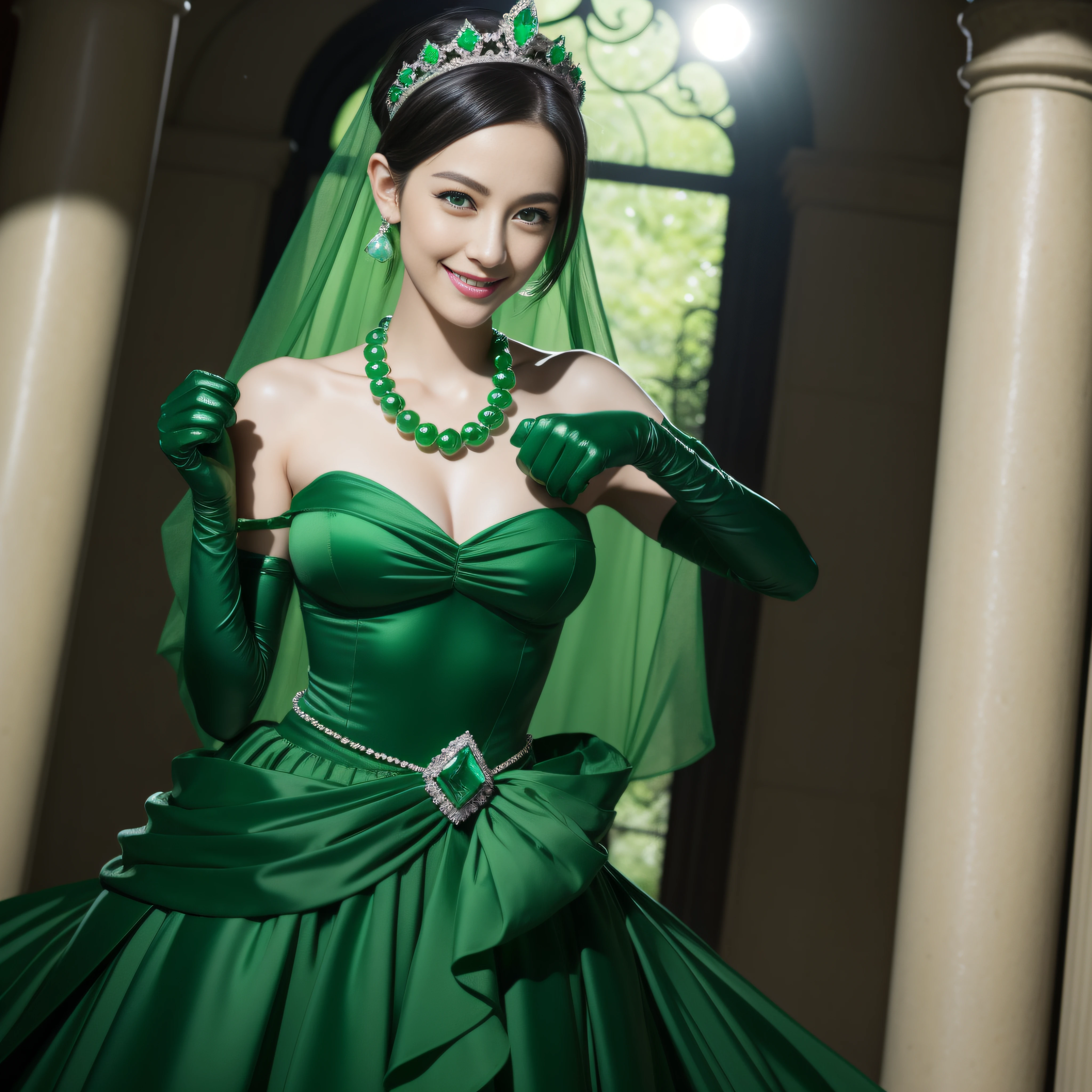 emerald tiara, Green Pearl Necklace, Boyish very short black hair, lipsticks, Japan woman smiling, very short short hair, fist, big breasts beautiful, Green eyes, Long green gloves made of satin material, Green eyes