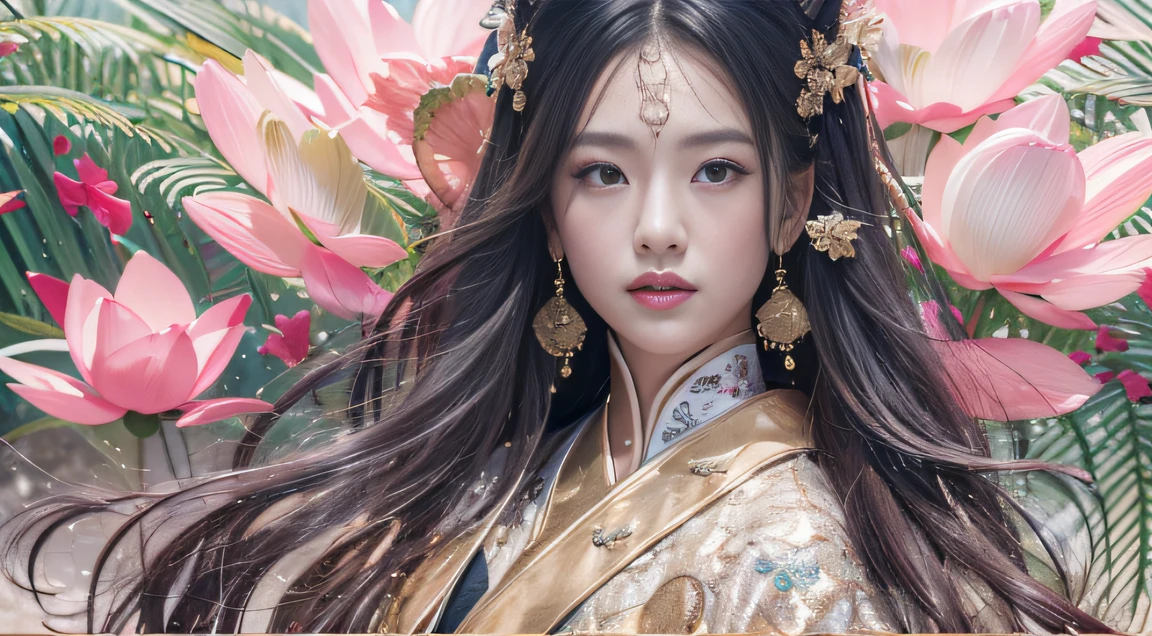 32K(tmasterpiece,k hd,hyper HD,32K)Long flowing black hair,ponds,zydink, a color, Hold the knife in both hands (Slightly drunk girls), (Rouge scarf), Combat posture, looking at the ground, long whitr hair, Floating hair, Carp pattern headdress, Chinese long-sleeved taupe pink outfit, (Abstract gouache splash:1.2), Pink petal background,Pink and white lotus flowers fly(realisticlying:1.4),Black color hair,Fallen leaves flutter,The background is pure,Hold the knife in both hands , A high resolution, the detail, RAW photogr, Sharp Re, Nikon D850 Film Stock Photo by Jefferies Lee 4 Kodak Portra 400 Camera F1.6 shots, Rich colors, ultra-realistic vivid textures, Dramatic lighting, Unreal Engine Art Station Trend, cinestir 800,Long flowing black hair,Silk clothes