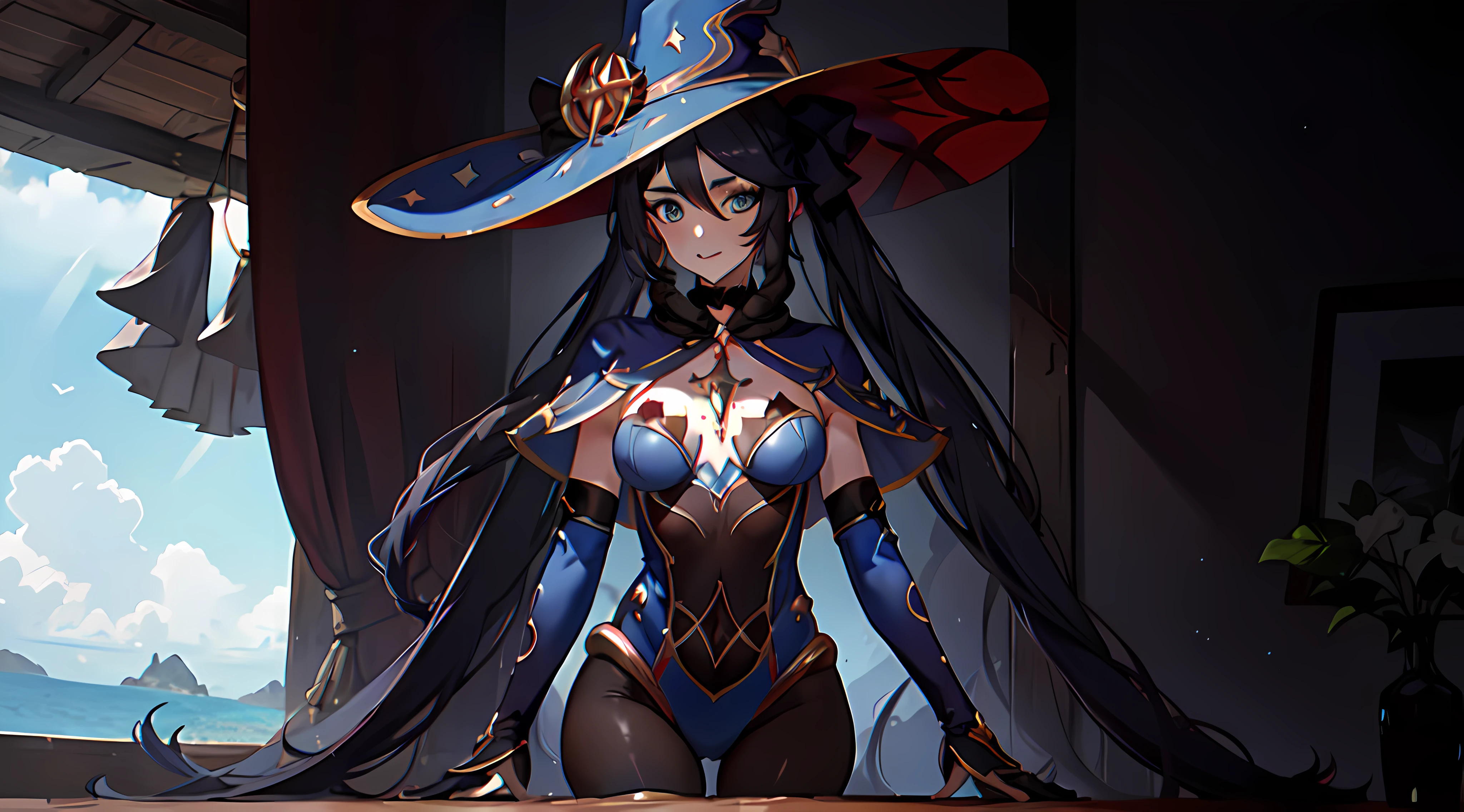 ((Detalle extremo)),(Ultra detallado),(pintura), claroscuro, fondo de pantalla CG 8k extremadamente detallado, La mejor calidad, Obra maestra, cuerpo completo,Gimona, sombrero de bruja, bodystocking, gargantilla, cinta para el cabello, arete, Capelet , Brazo en alto, axila, labios separados, Mirando al espectador seria, brillo, Destello de lente, rayos de luz, destellar, ocean, horizonte, Disparo de vaquero, Fondo de cielo nublado,