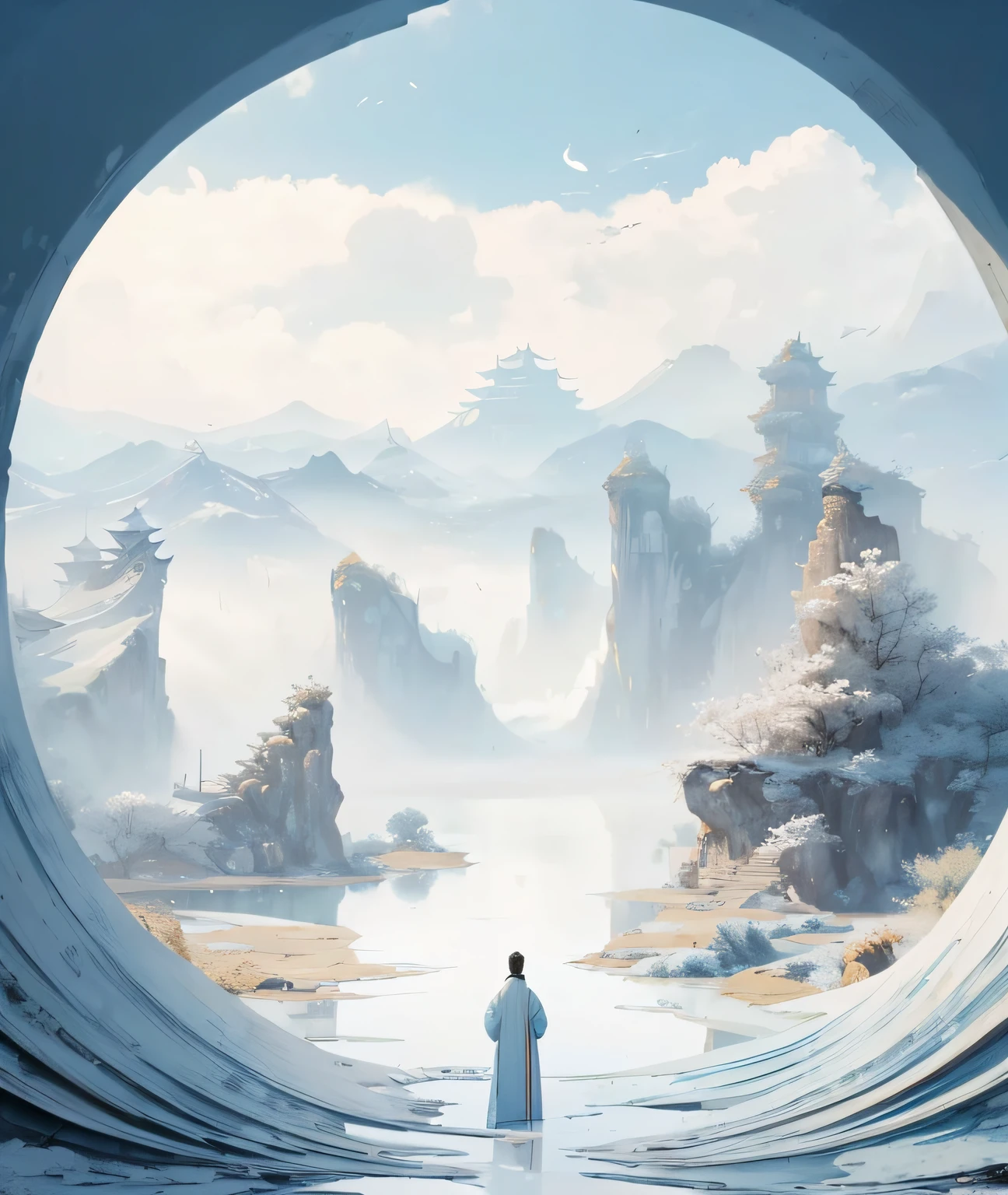 man in hanfu is standing near a white
manmade structure perspective, oriental
zen, in the style of fluid landscapes, Song
Dynasty fine brushwork landscape painting
rendered in cinema4d, organic flowing forms
northern china's terrain, light blue and white,
mediterranean landscapes, Ultra-wide angle
wavy resin sheets --ar 58:77