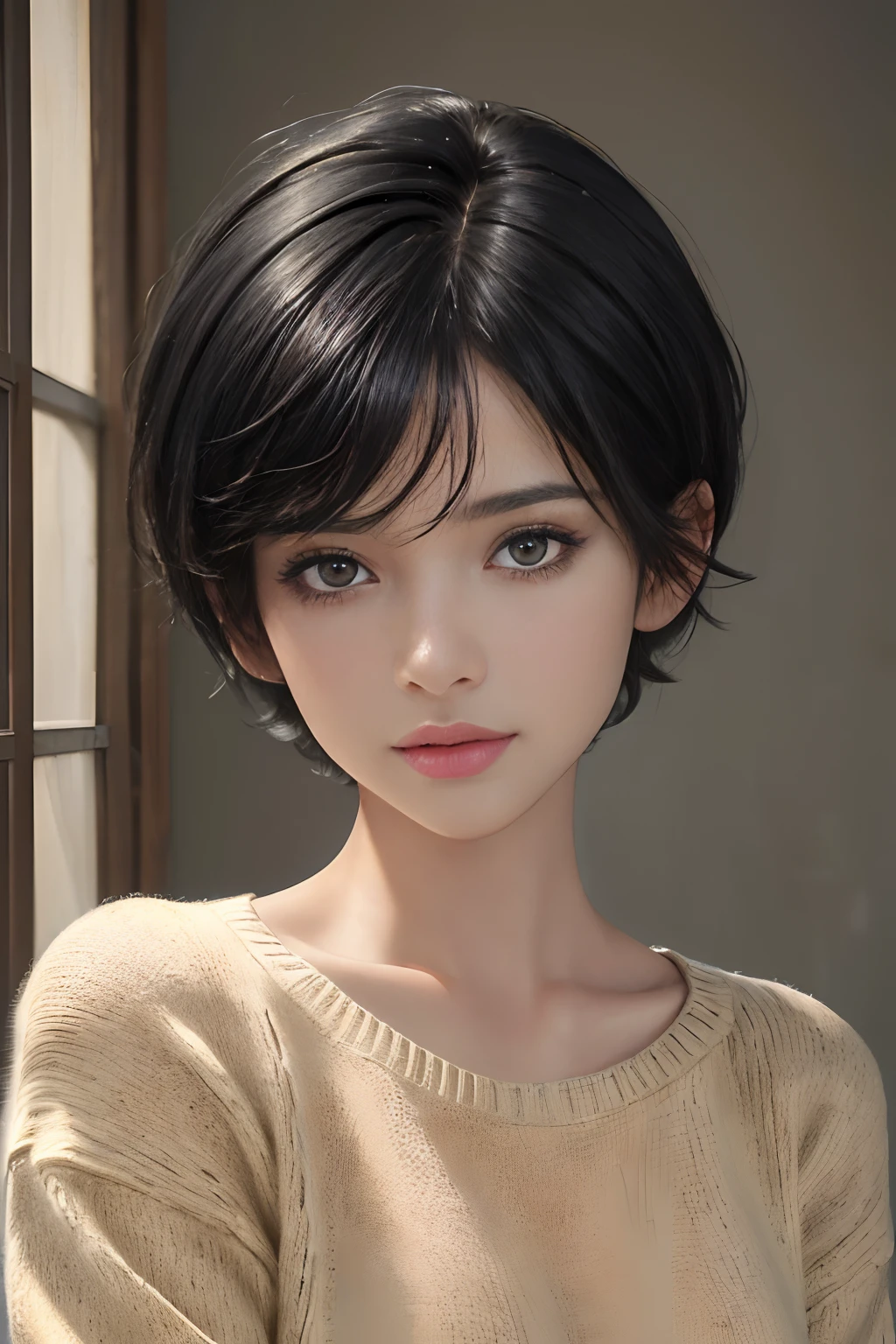 (masterpiece:1.3), (8k, photorealistic, RAW photo, best quality: 1.4), (1girl), beautiful face, (realistic face), (black hair, short hair:1.3), beautiful hairstyle, realistic eyes, beautiful detailed eyes, (realistic skin), beautiful skin, (sweater), absurdres, attractive, ultra high res, ultra realistic, highly detailed, golden ratio