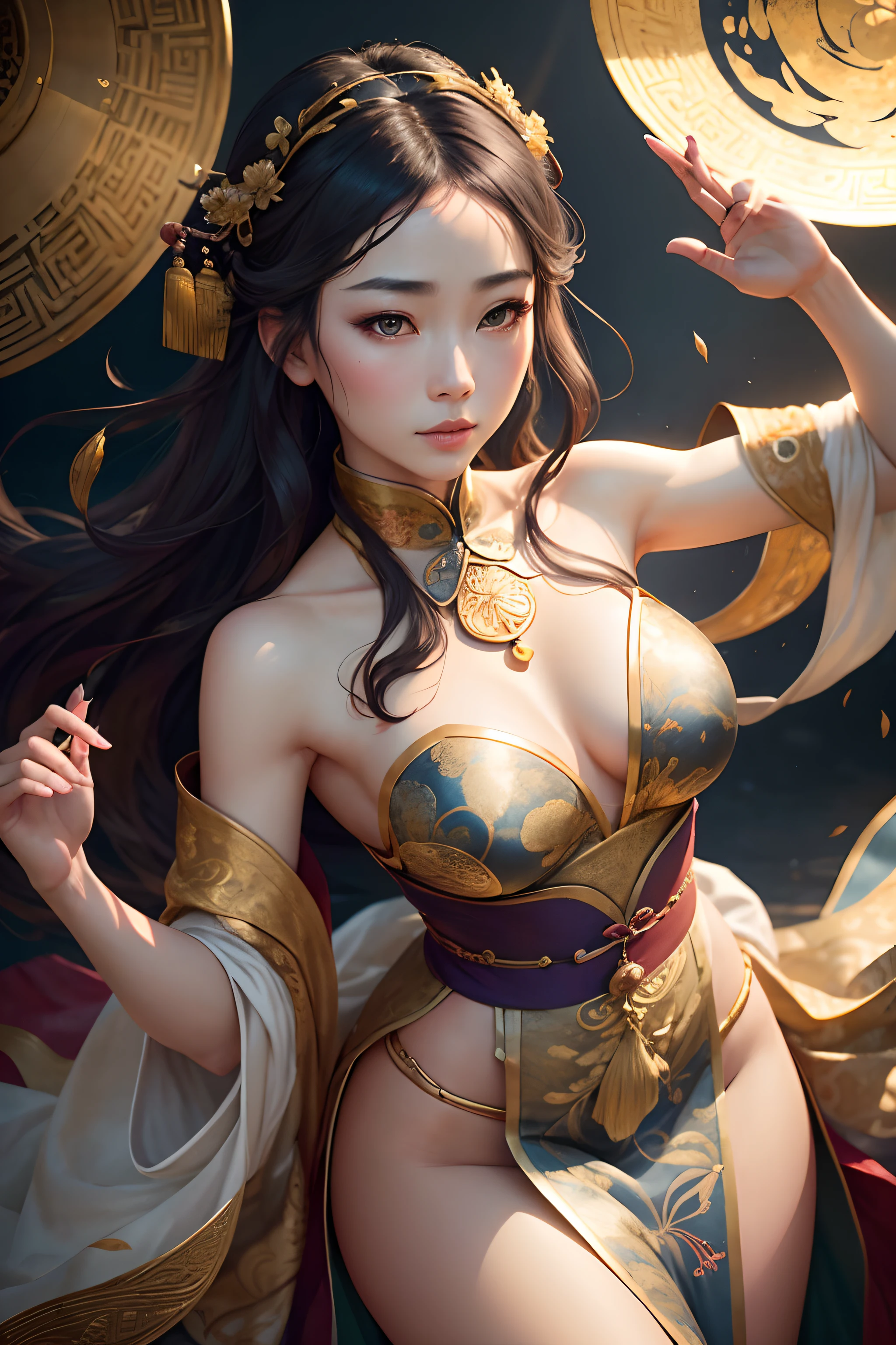 A beautiful dancer in ancient China,delicate lines,gorgeous costumes in ancient China,delicate and vivid,shy face,willow leaf eyebrows,personality depiction,coiled hair,gold leaf,flowing clouds,watercolor,crane surrounding,ink painting,gentle eyes,meticulous, color scheme,exquisite clothing patterns,by Gu, Kaizhi,Zhang Xuan,professional color grading,realistic style,soft shadows,clean and sharp focus,Flim photography,Panoramic View,32K --v 6