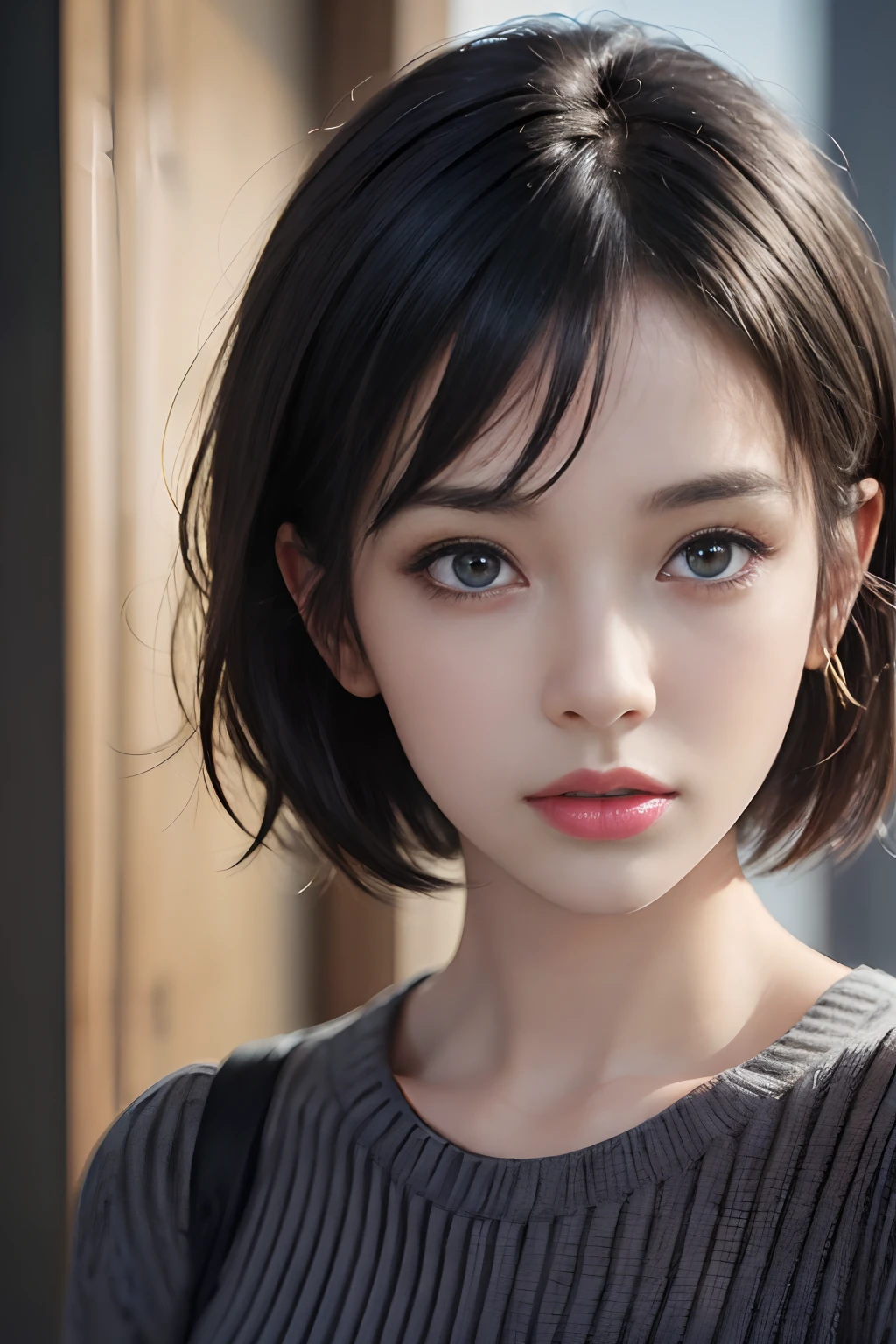 ((Girl with a sharp face)), masterpiece, The highest image quality, ultra-detailliert, (perfectbody:1.5), (Perfect face+dishevled hair+short curled hair), Close up of, Viewer's Perspective, She bent and lowered her body to match the gaze of the audience。detailed hairs,ssmile、Detailed eyes(realisticeyes),profetional lighting,Beautiful breasts,(Blue Eye),Tight black suit,white shirt,((dark brown hair))