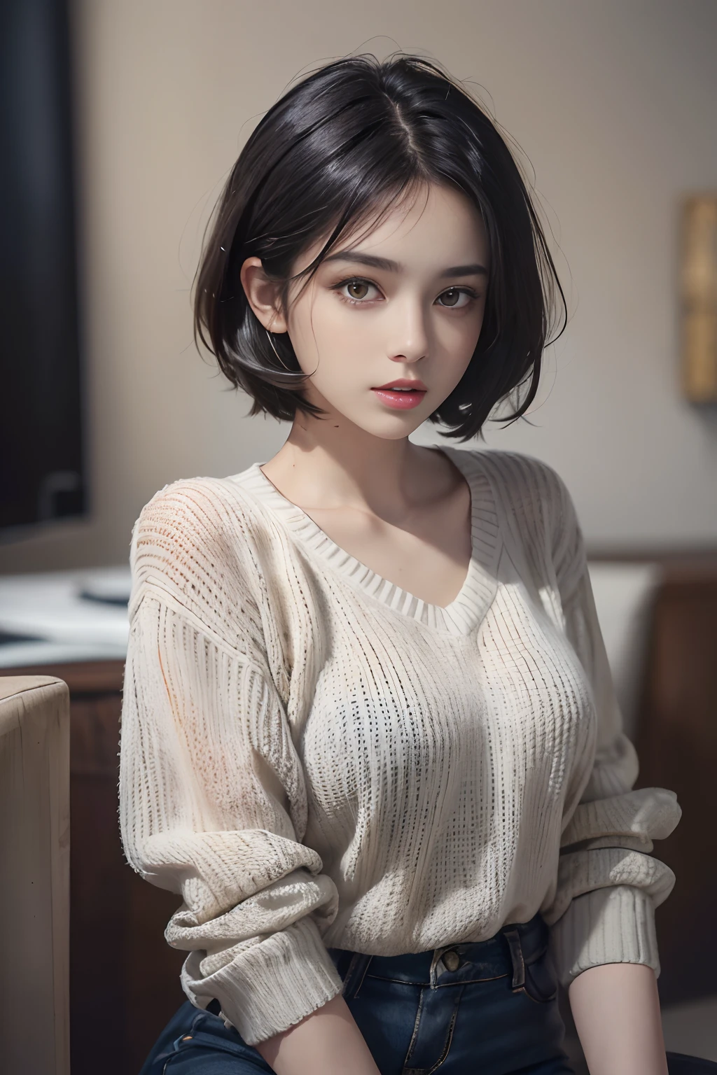 (masterpiece:1.3), (8k, photorealistic, RAW photo, best quality: 1.4), (1girl), beautiful face, (realistic face), (black hair, short hair:1.3), beautiful hairstyle, realistic eyes, beautiful detailed eyes, (realistic skin), beautiful skin, (sweater), absurdres, attractive, ultra high res, ultra realistic, highly detailed, golden ratio