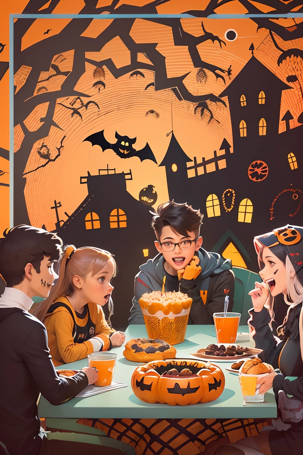 Halloween themed style poster, students talking at a table, speech bubble on top of one student, donuts on table, spider cob web in corner, jack o lantern on table, vector style, simplistic college student figures, make the "O" in halloween a donut