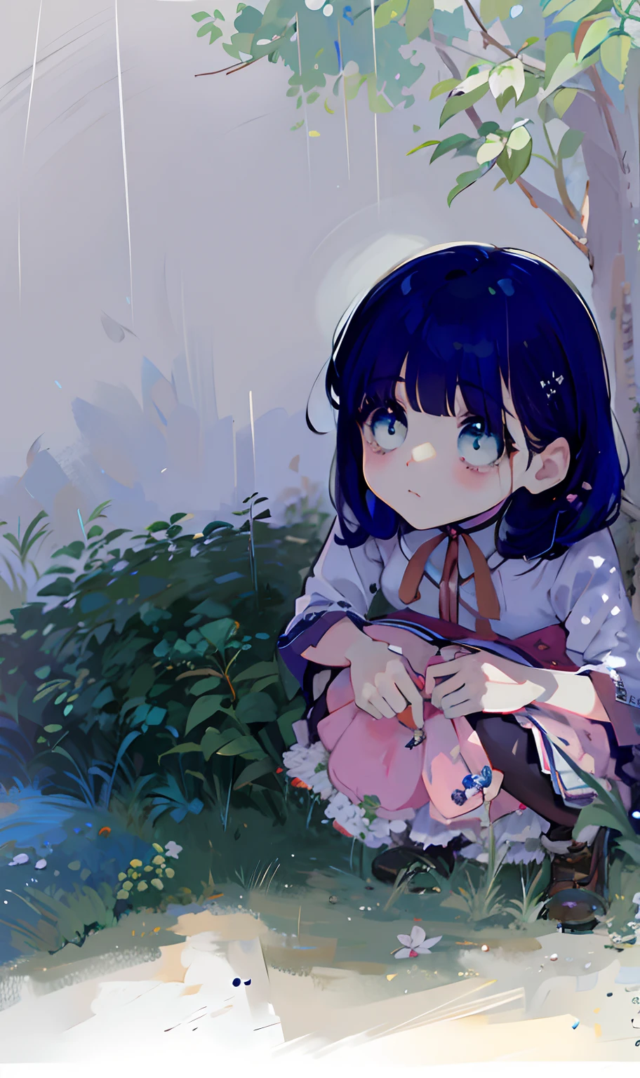 Art quality 8k Anime girl sitting on grass under a tree in the rain, visual anime de uma menina bonito, Art not Guweiz style, Depois da chuva e sem meninas, with a sad expression, the anime girl is crouching, Yume Nikki, chovendo!!, em estilo anime, Tears on Rain, dreamy psychedelic anime, kawaii chuvoso sombrio, Garota anime com cabelos azuis e olhos branco, menina com cabelo azuis, olhos gelados, menina do cabelo pretos-azulados, Manga art style, Nice anime art style, Retrato estilo anime, Shikami, retrato bonito do anime, retrato detalhado da menina do anime, arte anime de alta qualidade, Estilo Pixiv, Estilo de arte de anime, visual anime de uma menina bonito, menina de olhos brancos