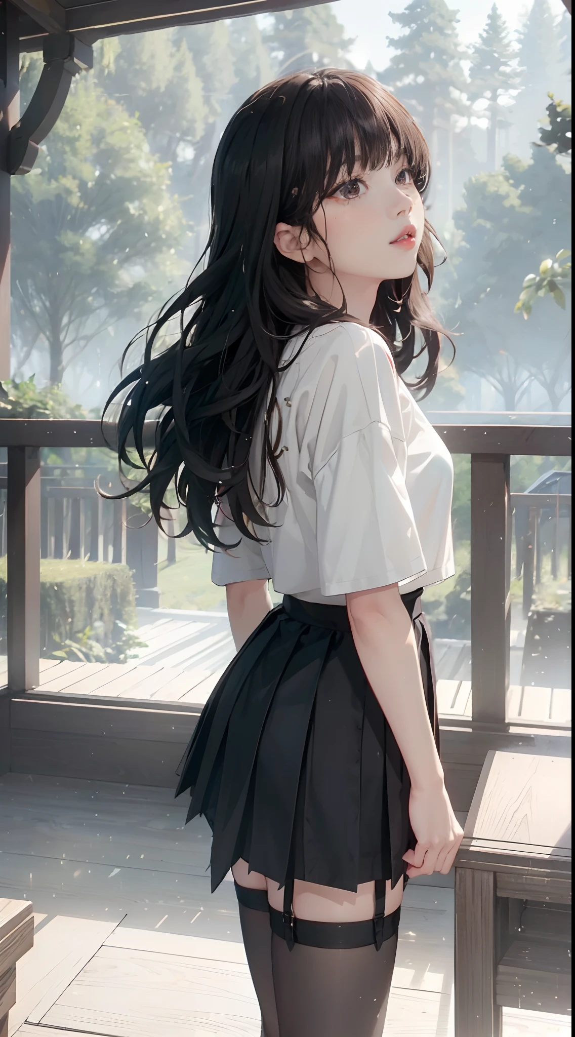 ((Lisa from Blackpink)), t-shirt, tiny pleated skirt, waist-high black tights, high heels, close-up from thighs to face, shot from below, very light skin, very long hair, wavy hair, camp, forest, photorealistic , indirect lighting, volumetric light, ray tracing, hyper-detailed, best quality, high resolution, HDR, 8k