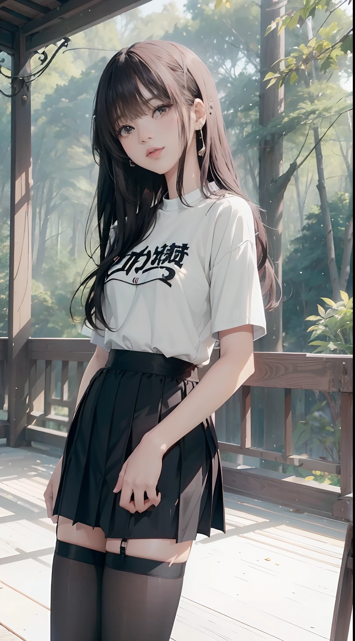 ((Lisa from Blackpink)), t-shirt, tiny pleated skirt, waist-high black tights, high heels, close-up from thighs to face, shot from below, very light skin, very long hair, wavy hair, camp, forest, photorealistic , indirect lighting, volumetric light, ray tracing, hyper-detailed, best quality, high resolution, HDR, 8k