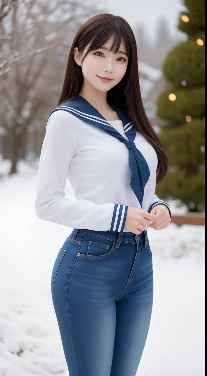 a pregirl，, ssmile, looking at viewert, sailor uniformm,skintight jeans, photore, realisticlying, Best quality at best, employee, 详细的脸, Standing in the snow, diffuselighting, depth of fields, Background bokeh