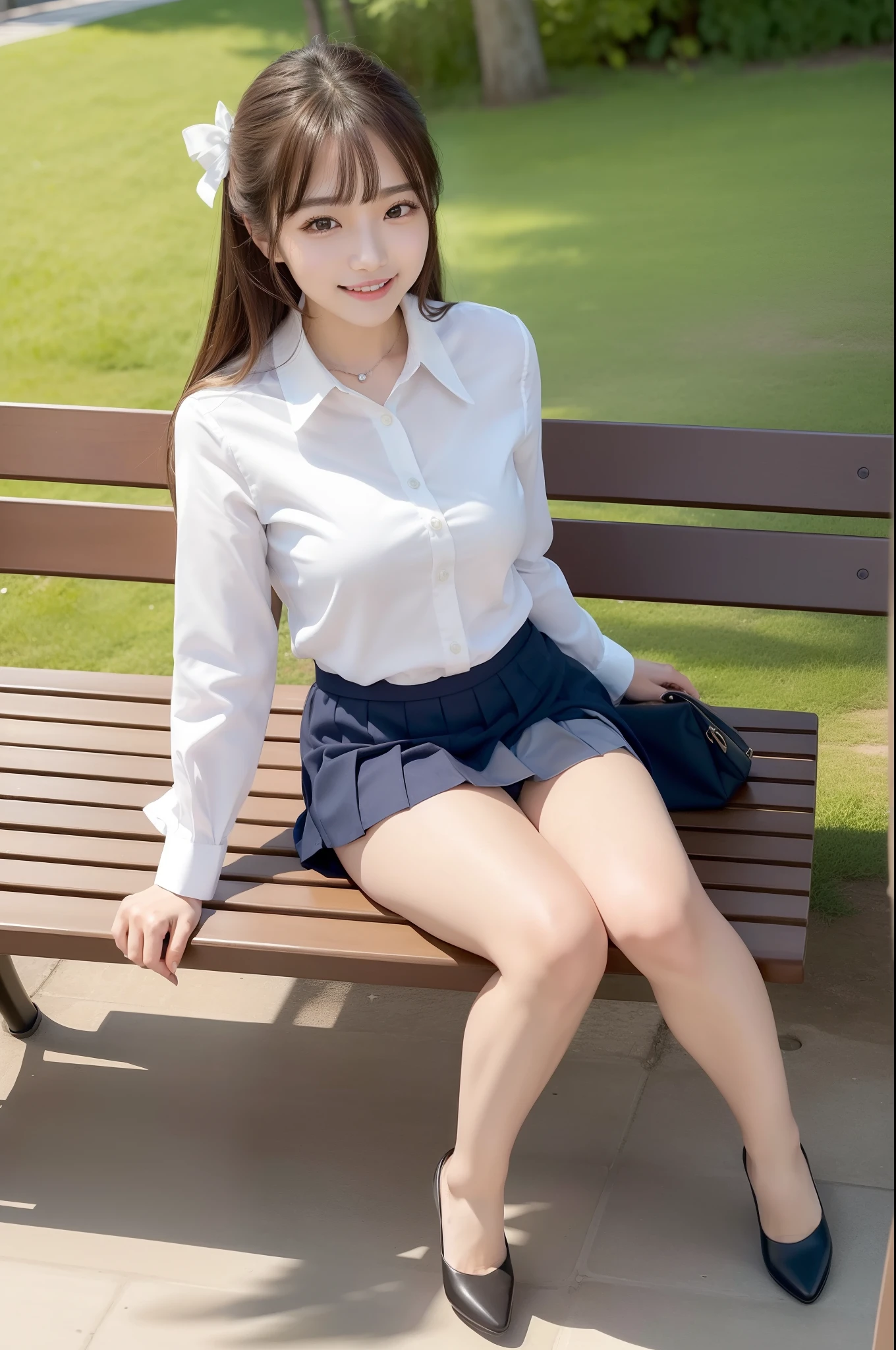 Araffe asian woman sitting on a bench in a park - SeaArt AI