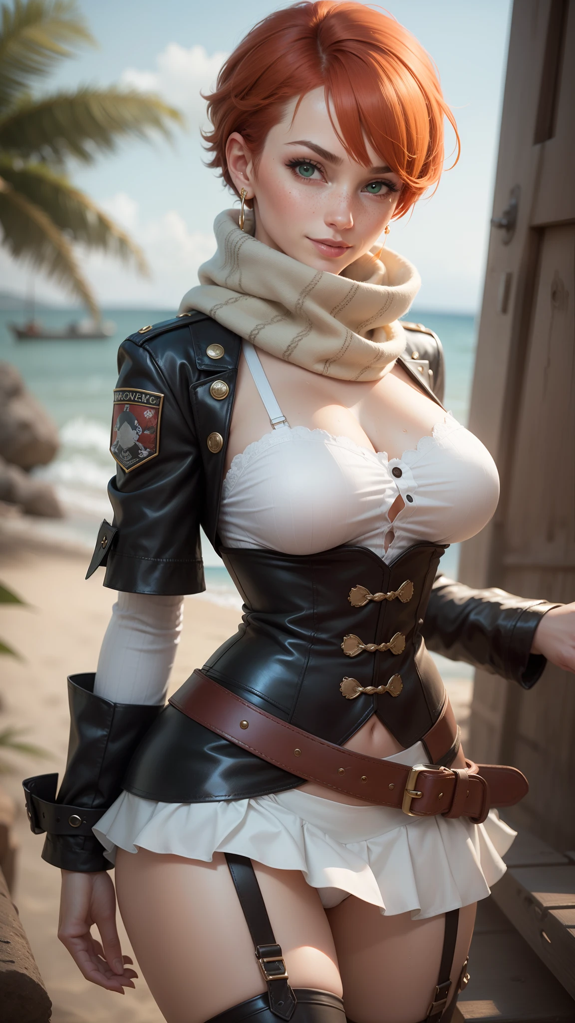 gwen tennyson,tracer,yorha 2b,nami, rebecca chambers,reisalin stout,pirate outfit,beach,ager,green eyes,thigh high boots,garter belt,striped panties, short hair,orange hair,pirate ship,shy smile,white striped top,tight skirt,wet shirt,freckles,redhead,pirate corset,pirate jacket,beautiful girl,large breasts,ultra detailed,realistic,pearl earrings,long scarf,sash belt,