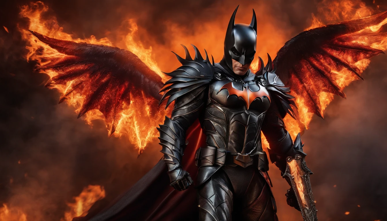 Ultra-realistic devil: A silver and black armor batman angel with wings spread with a fiery sword in his hand, fire in the background