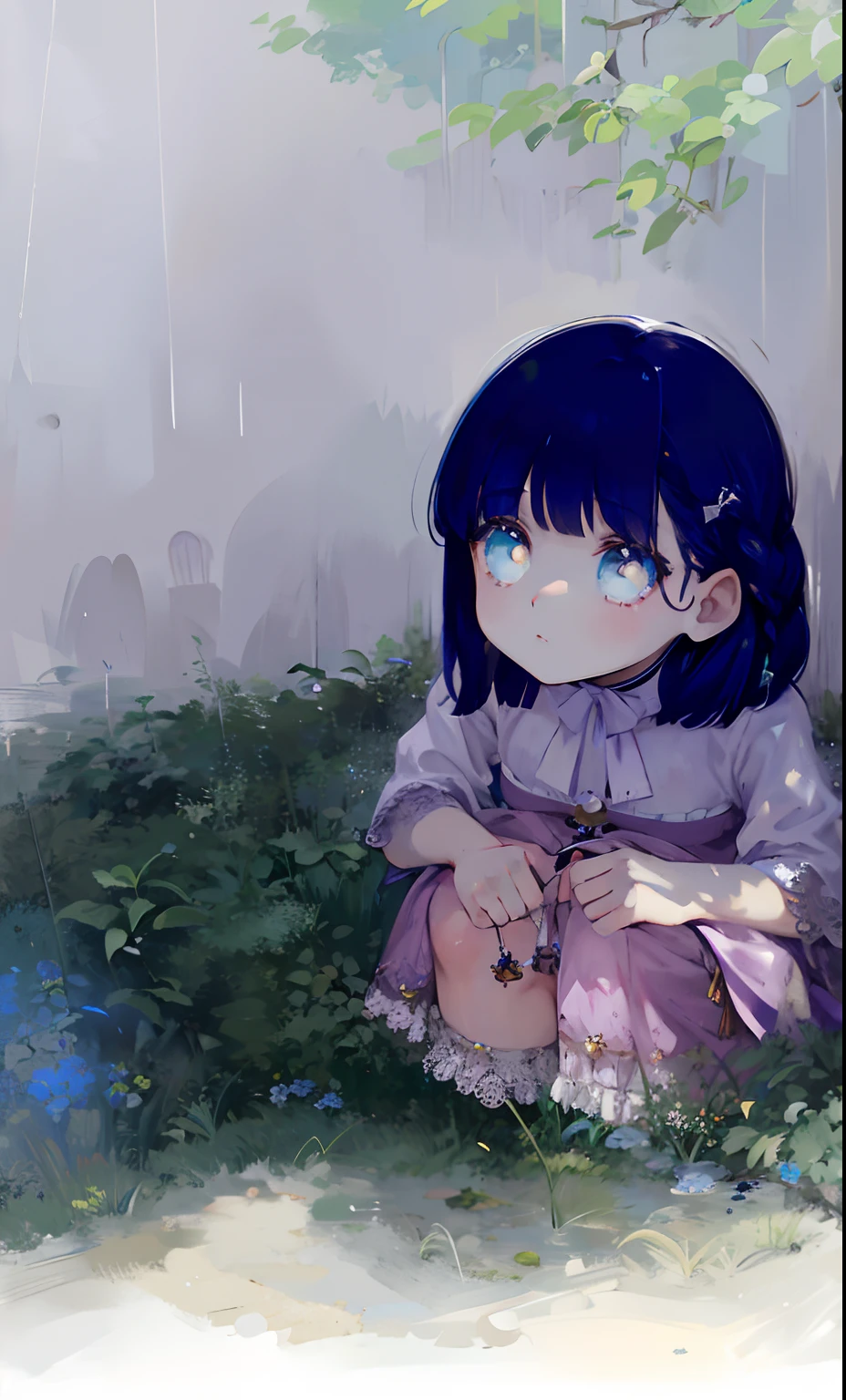 Garota anime com cabelo azul escuro, Girl with bluish black hair and blue eyes standing in front of a dark background, Estilo anime. Arte 8k, Estilo anime 4K, menina cega, menina de olho branco, menina com olhos de lua, menina de olhos de neve, vestido branco preto azul com detalhes dourados, joias bonitas, brincos e colares, roupa com detalhes bonitos, vestido com renda, menina com franja, Girl with braids attached, menina de olhos brancos