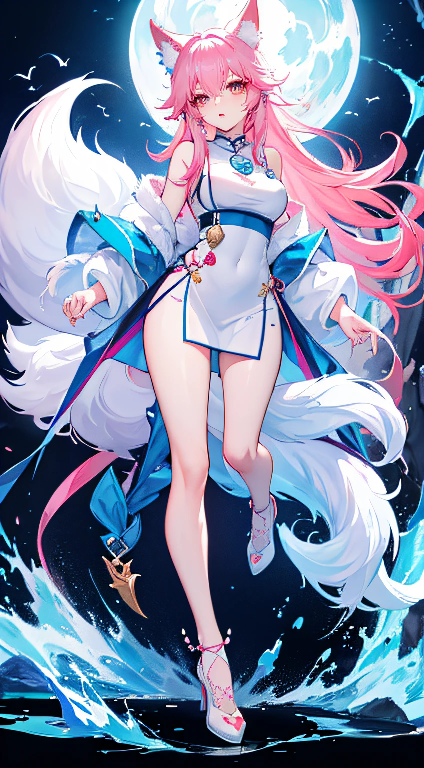 Fox royal sister,fox ear,Fox big tail,Blue tail,A pink-haired,League of Legends character A Tanuki,Big white fox on the back,Yin-Yang Technique,Open the cheongsam high,Long boots,white stockings
