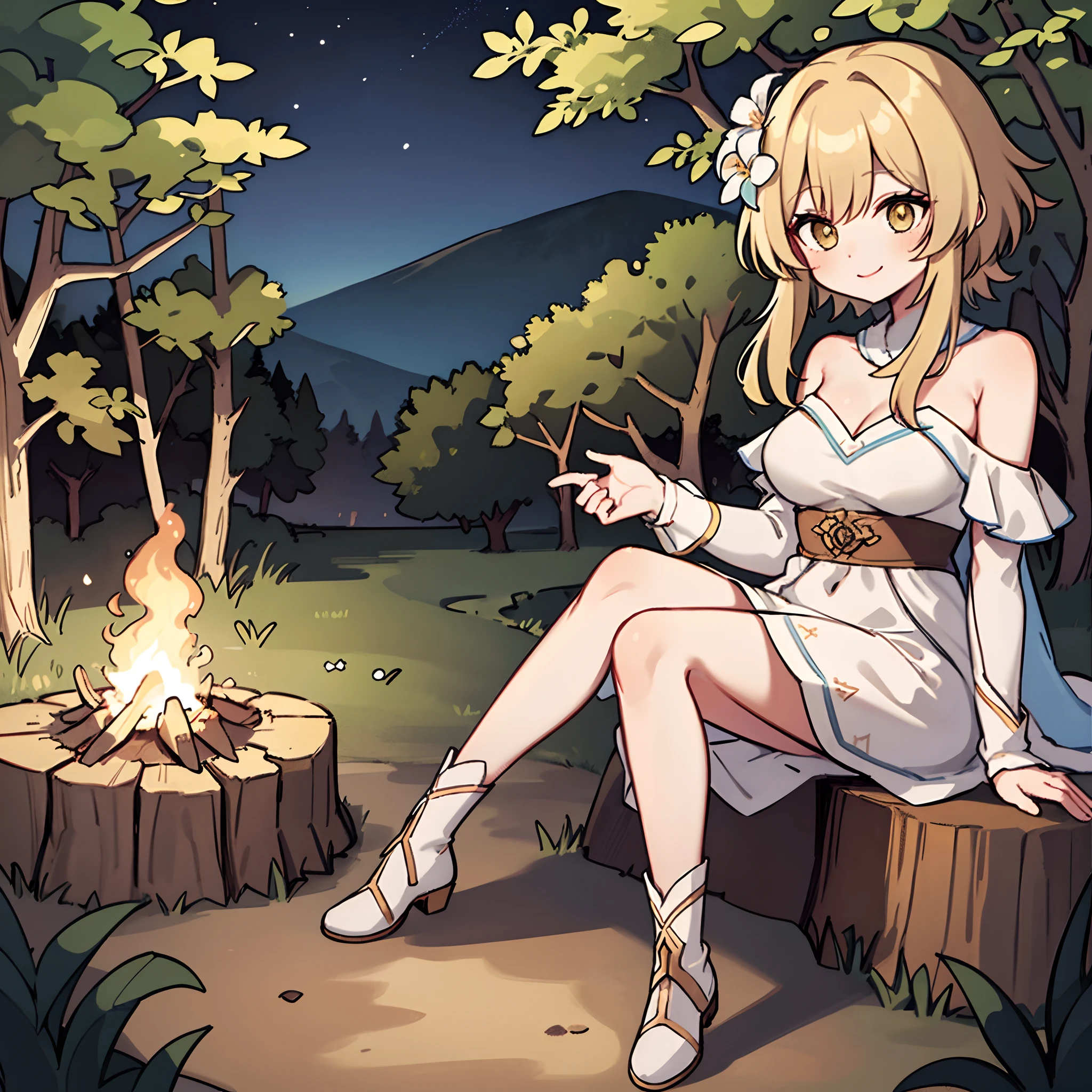 distant solo girl, playing acoustic guitar, forest, trees, smile, mountains, feminine sitting on a stump, campfire, night, (flower hair ornament), (white off-shoulder sundress), alone,