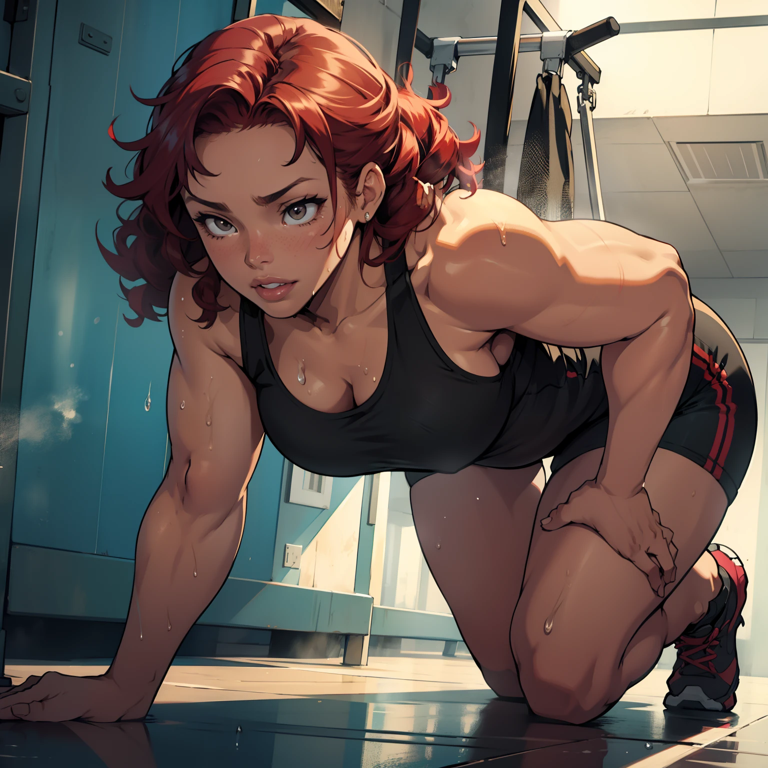 Best quality, solo woman, chubby physique, (small breasts) pretty, (doing a push-up) sweaty and wet, mid length curly pretty red hair, black workout clothes, full lips, seductive, mature
