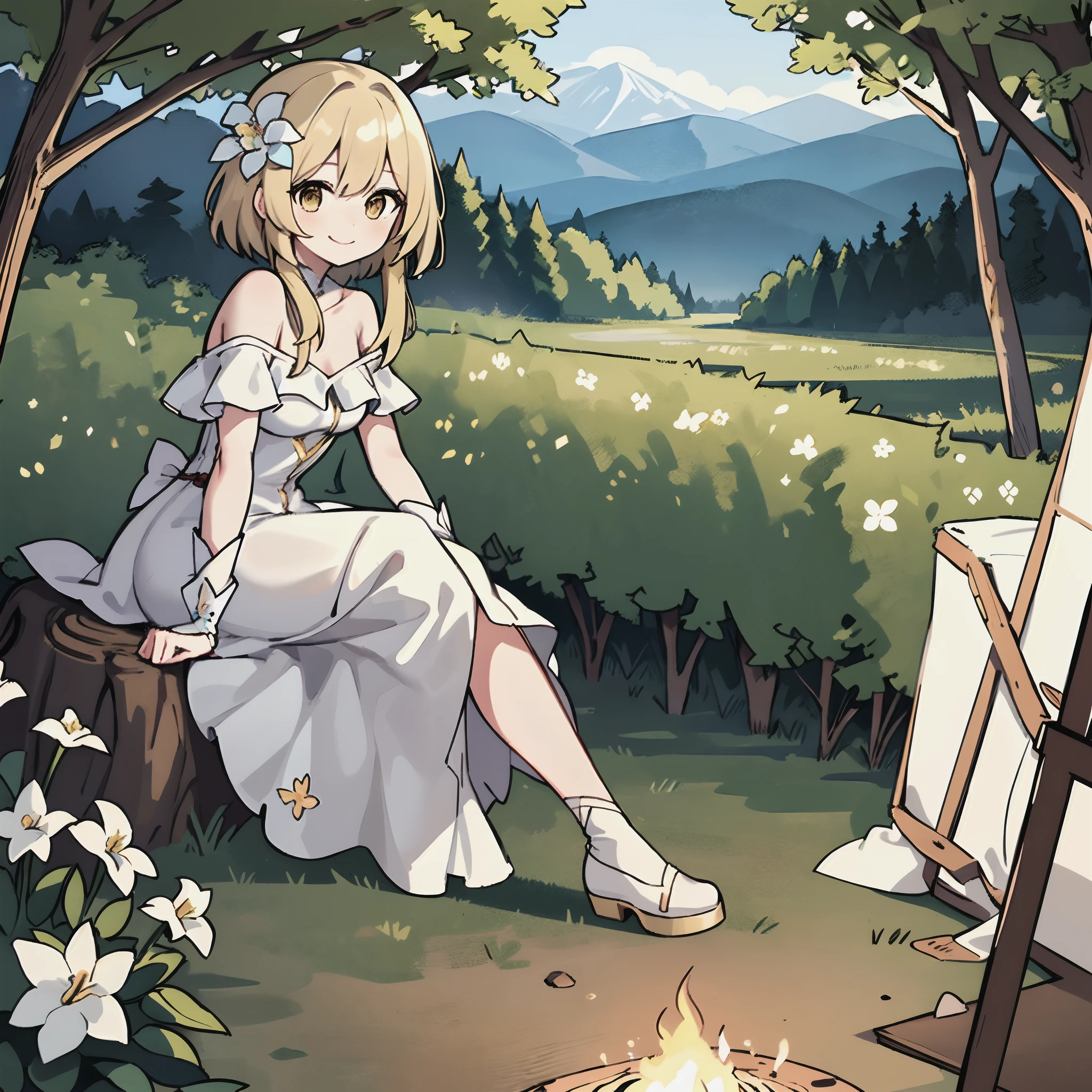 distant solo girl, playing acoustic guitar, forest, trees, smile, mountains, feminine sitting on a stump, campfire, night, (flower hair ornament), (white off-shoulder sundress), alone,