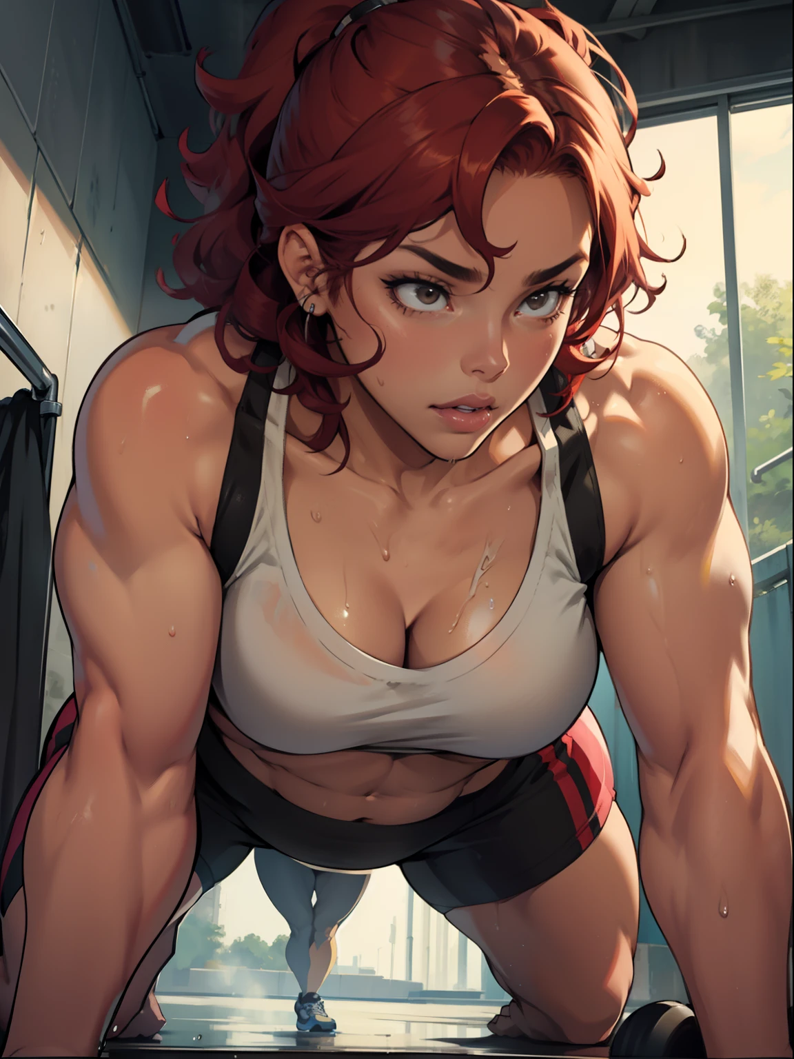 Best quality, solo woman, chubby physique, (small breasts) pretty, (doing a push-up) sweaty and wet, mid length curly pretty red hair, black workout clothes, full lips, seductive, mature