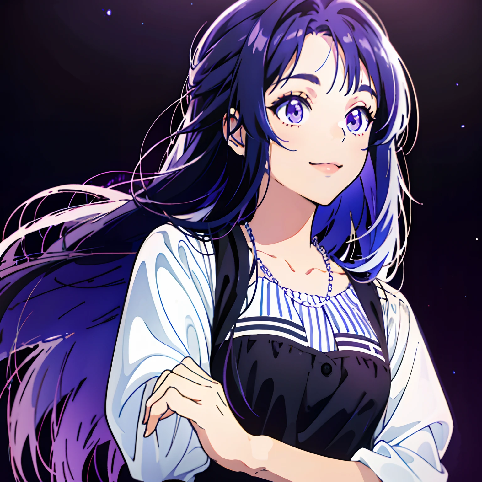 Masterpiece,1girll,Solo, Light smile, Metal necklace, White shirt, Modern School Uniforms, Accessories, Purple and black two-tone hair color, Unique hairstyle, Stylish, Black background
