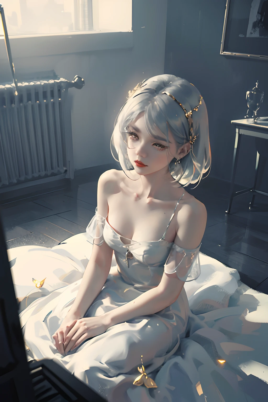 Beautiful girl, high-precision illustrations, monochrome tone effects, chic and sophisticated impression, focus blur softly envelops her, overhead shot composition, pixel-perfect drawing, edge detection, clear expression of every detail, high-key contrast, tint effect, monochrome world, unique charm, black and gold mixed in hair, red lips, Off-shoulder, open chest, small breasts, bust shot, backlit, cinematic lights, retro, white dress, plain dress, piercings, silver accessories, short bob, long eyelashes