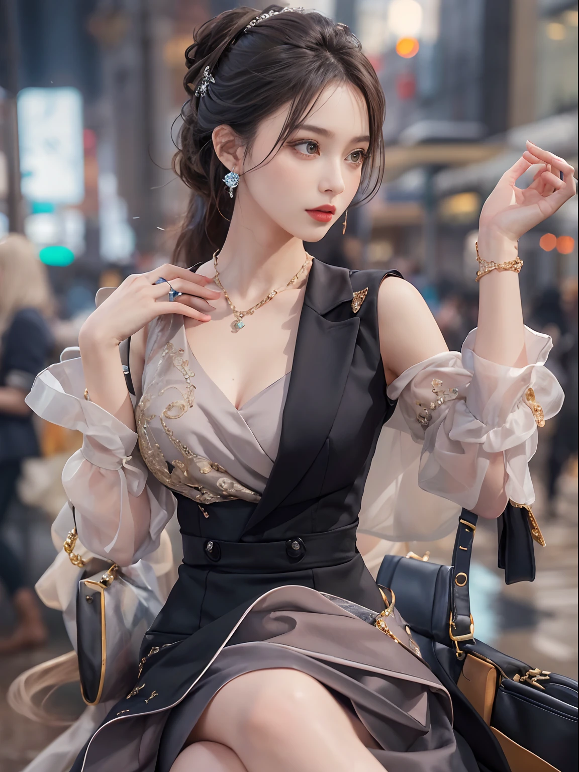 (masterpiece:1.2, best quality), 1lady, solo, Upper body Elegant timeless dress with high-quality tailoring makeup Trendy city streets or upscale restaurants Classic handbags and jewelry Stylish wave heads,blackstockings