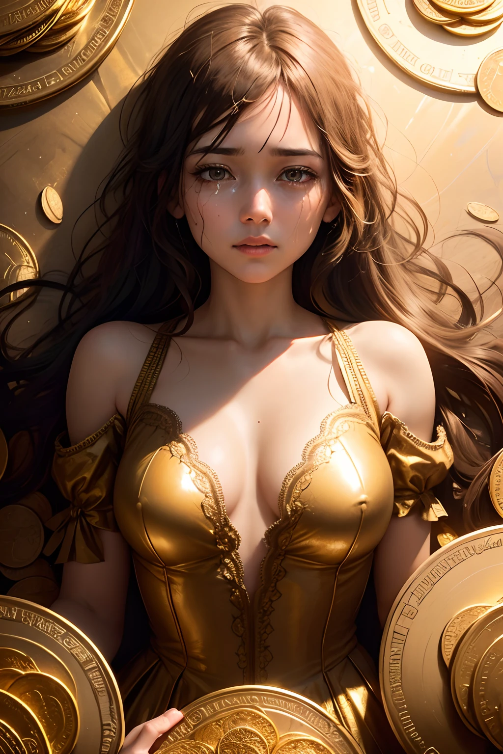 Art Photo, a photograph of a crying young woman plastered with dollar gold coins, overhead shot, dazzling sunlight, intricate, flashy, translucent, medium scene, grotesque art style, extremely creative, simple and mysterious, high quality, 8k