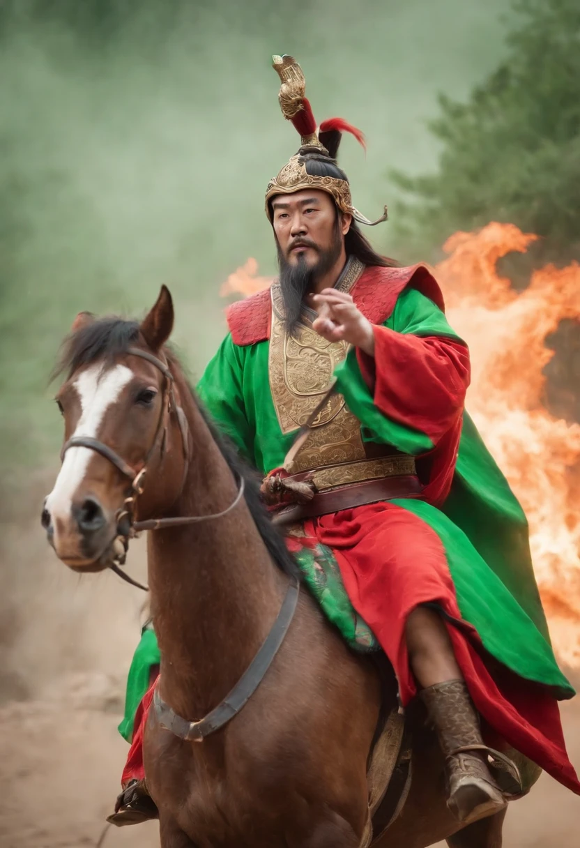 Guan Yu rode a red horse,Wearing a green robe,Wielding a slash,character splash art,Lightning is all around。