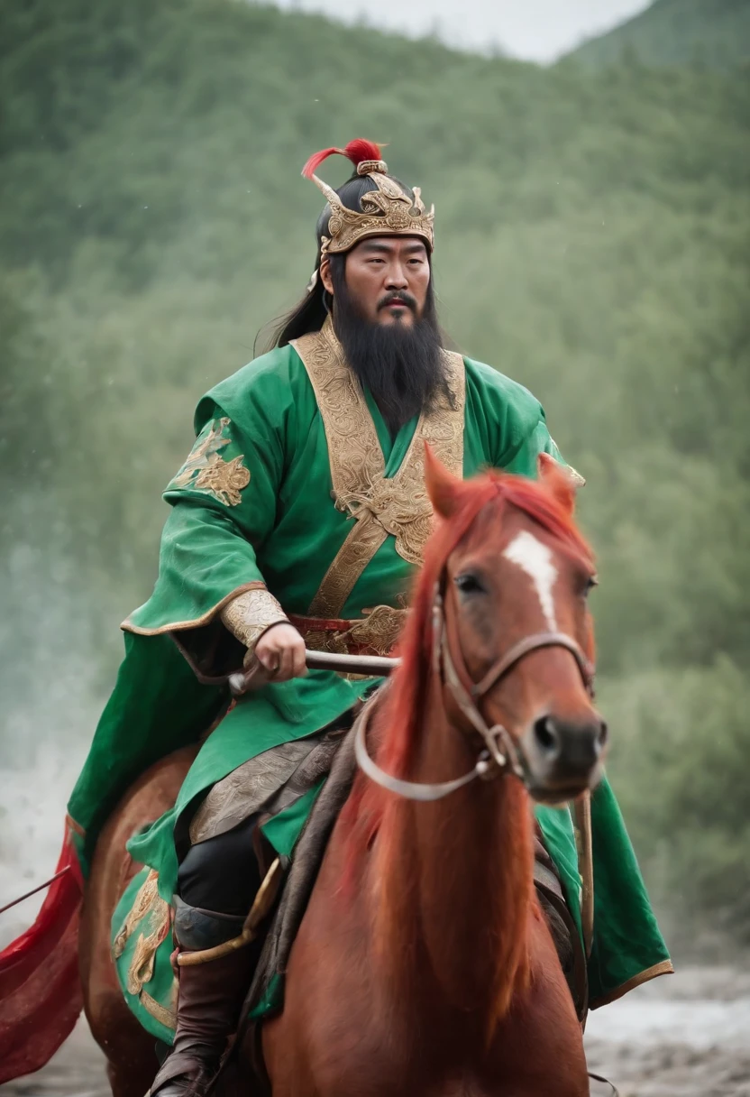 Guan Yu rode a red horse,Wearing a green robe,Wielding a slash,character splash art,Lightning is all around。
