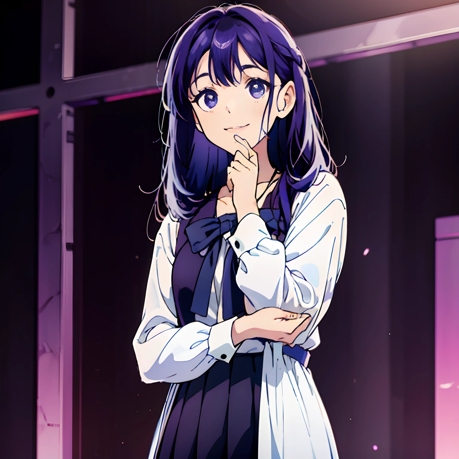 Masterpiece,1girll,Solo, Light smile, Metal necklace, White shirt, Modern School Uniforms, Accessories, Purple and black two-tone hair color, Unique hairstyle, Stylish, Black background