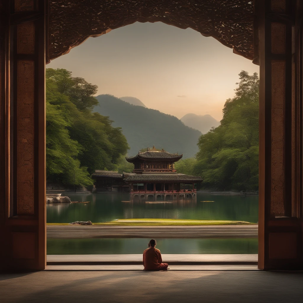 It depicts a beautiful West Lake and a green field.On one side of the lake are towering peaks,There was a boy sitting inside the pavilion, while on the other side was a dense forest.The whole picture is vividly colored、Fresh and natural,4k画质,oil painted。